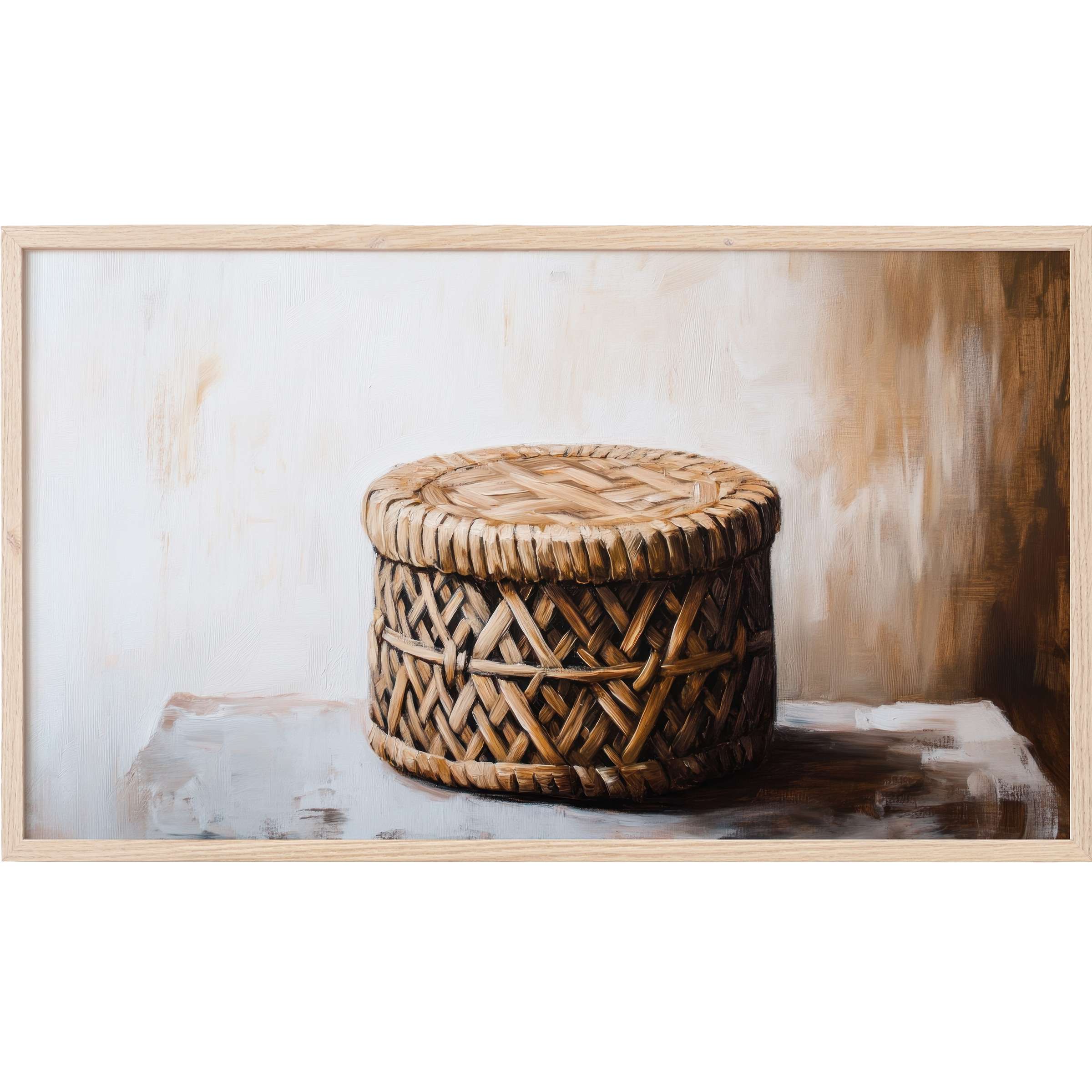 Boho Frame TV Art showcasing a woven basket in warm browns against a soft, textured beige backdrop
