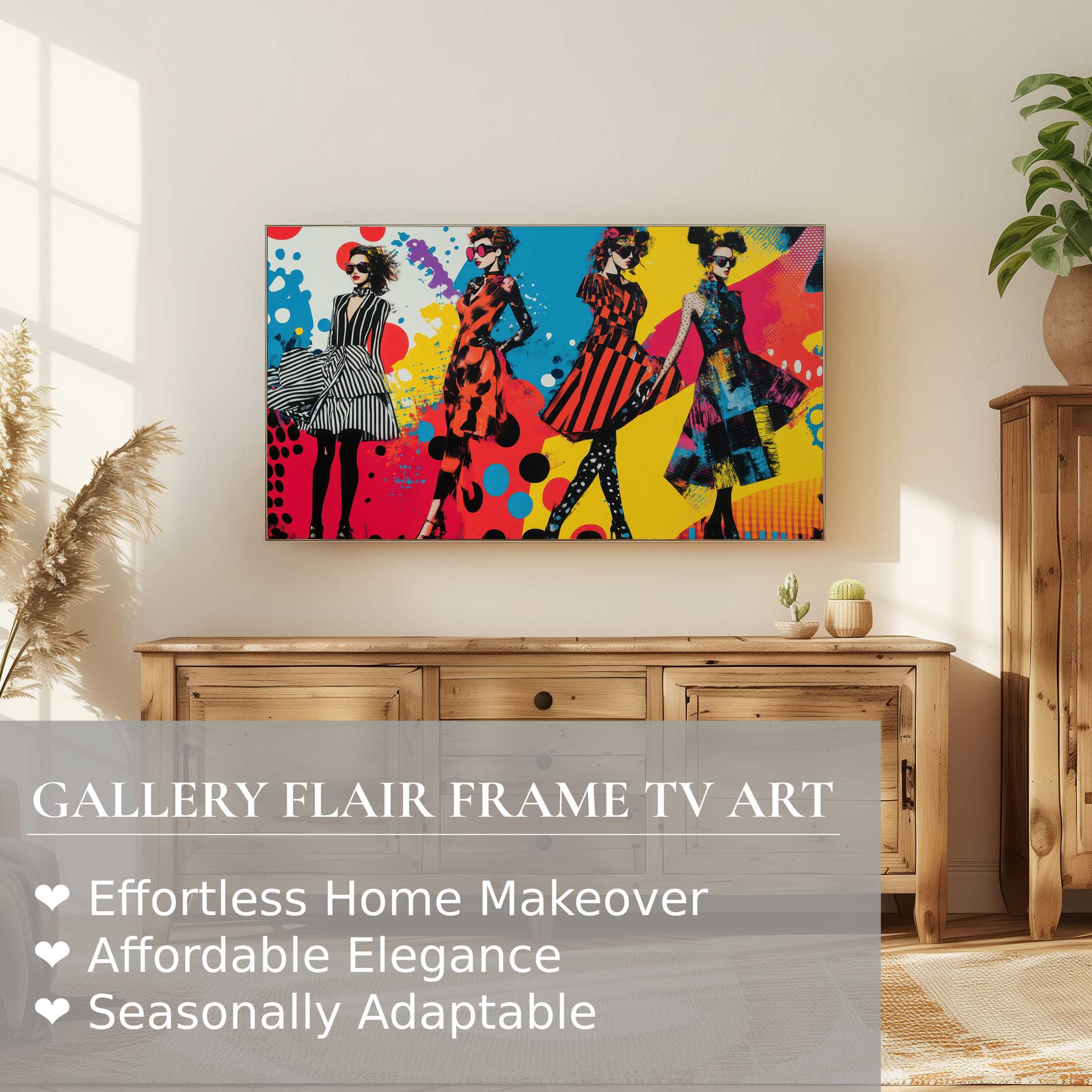 Samsung Frame TV displaying vibrant pop art digital artwork with chic fashion figures in a modern living space