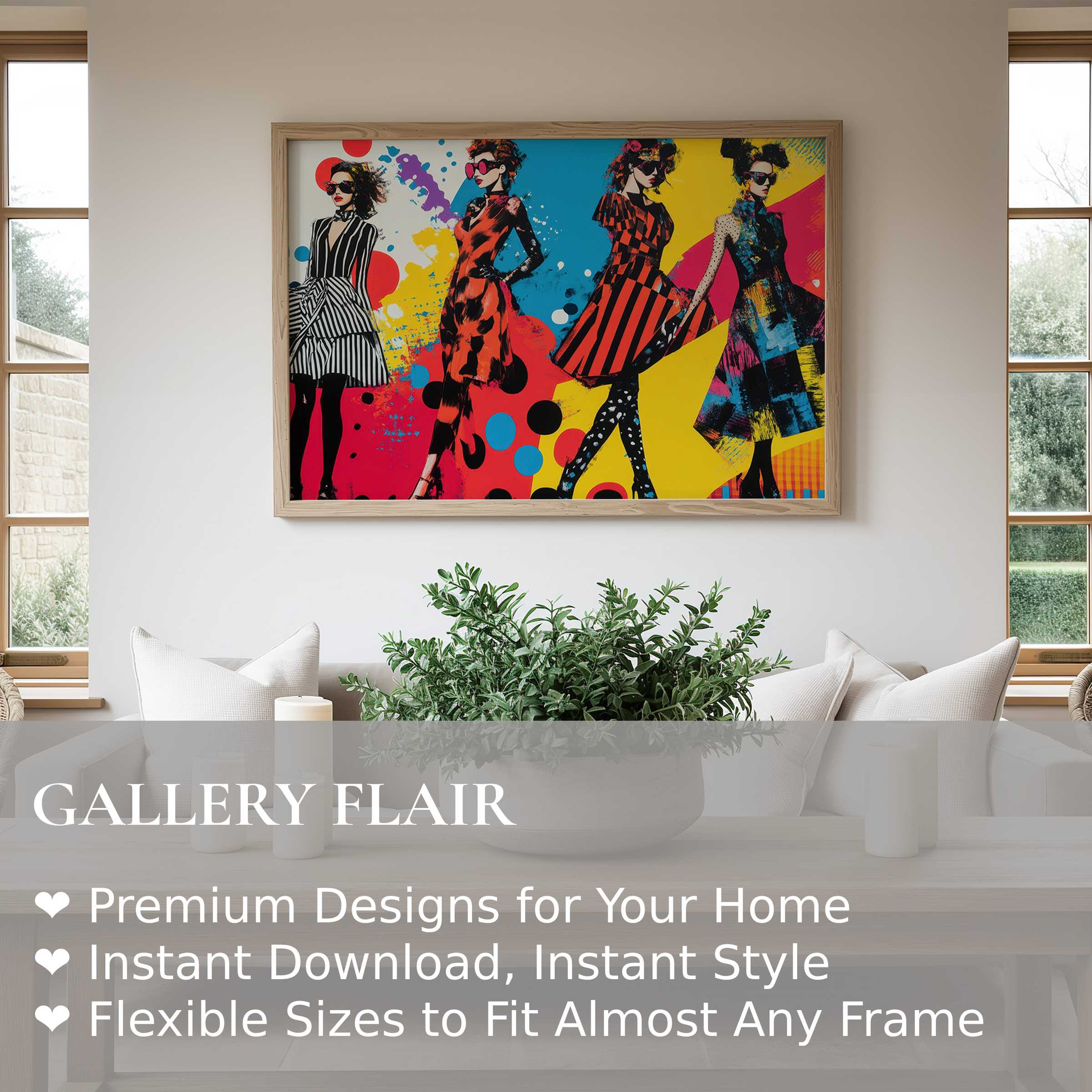 Vibrant pop art wall art print featuring bold fashion silhouettes in dynamic patterns, elevating a sleek, modern living room with urban chic flair