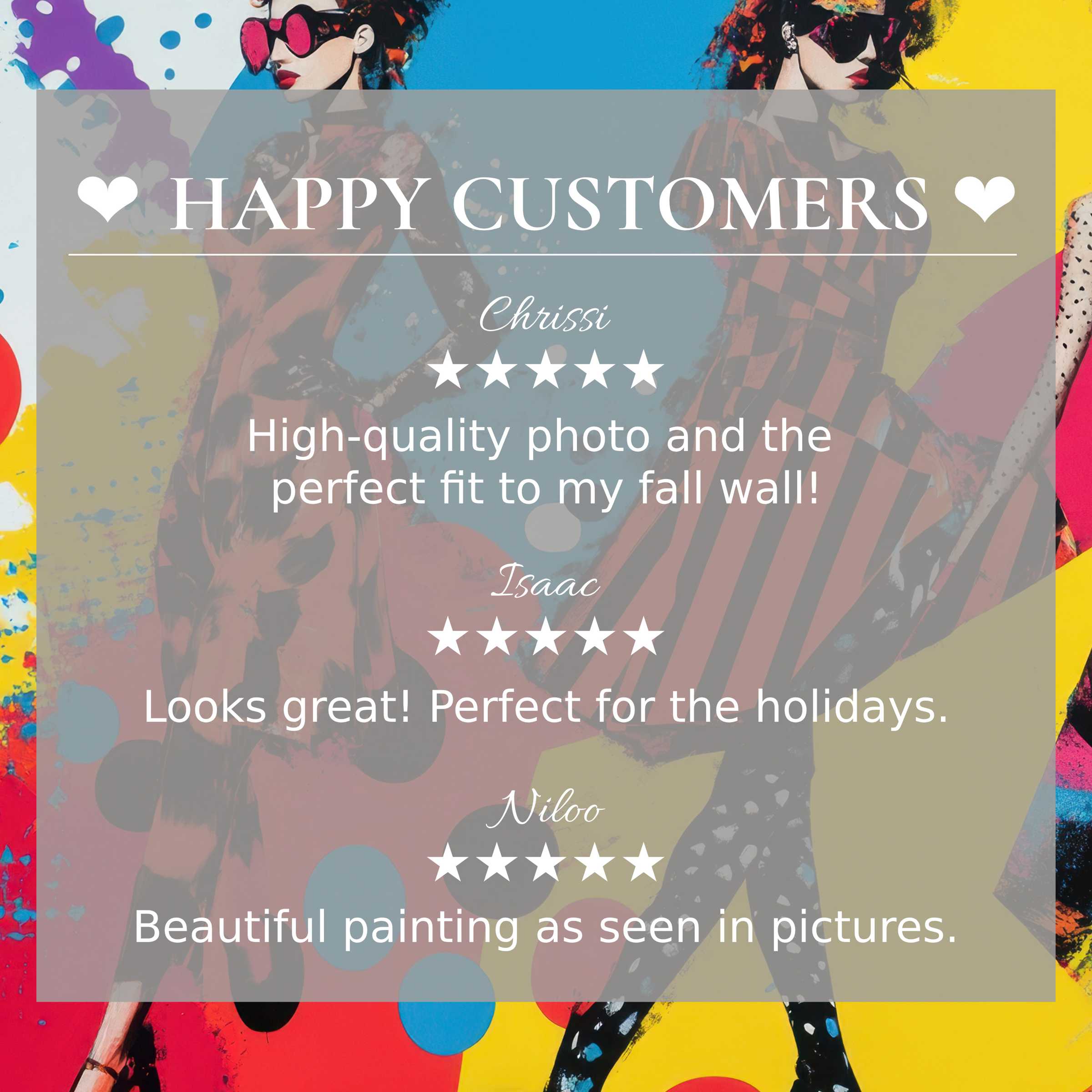 Pop art for Frame TV with vivid sunset hues, showcasing happy customer reviews to inspire trust and elegance