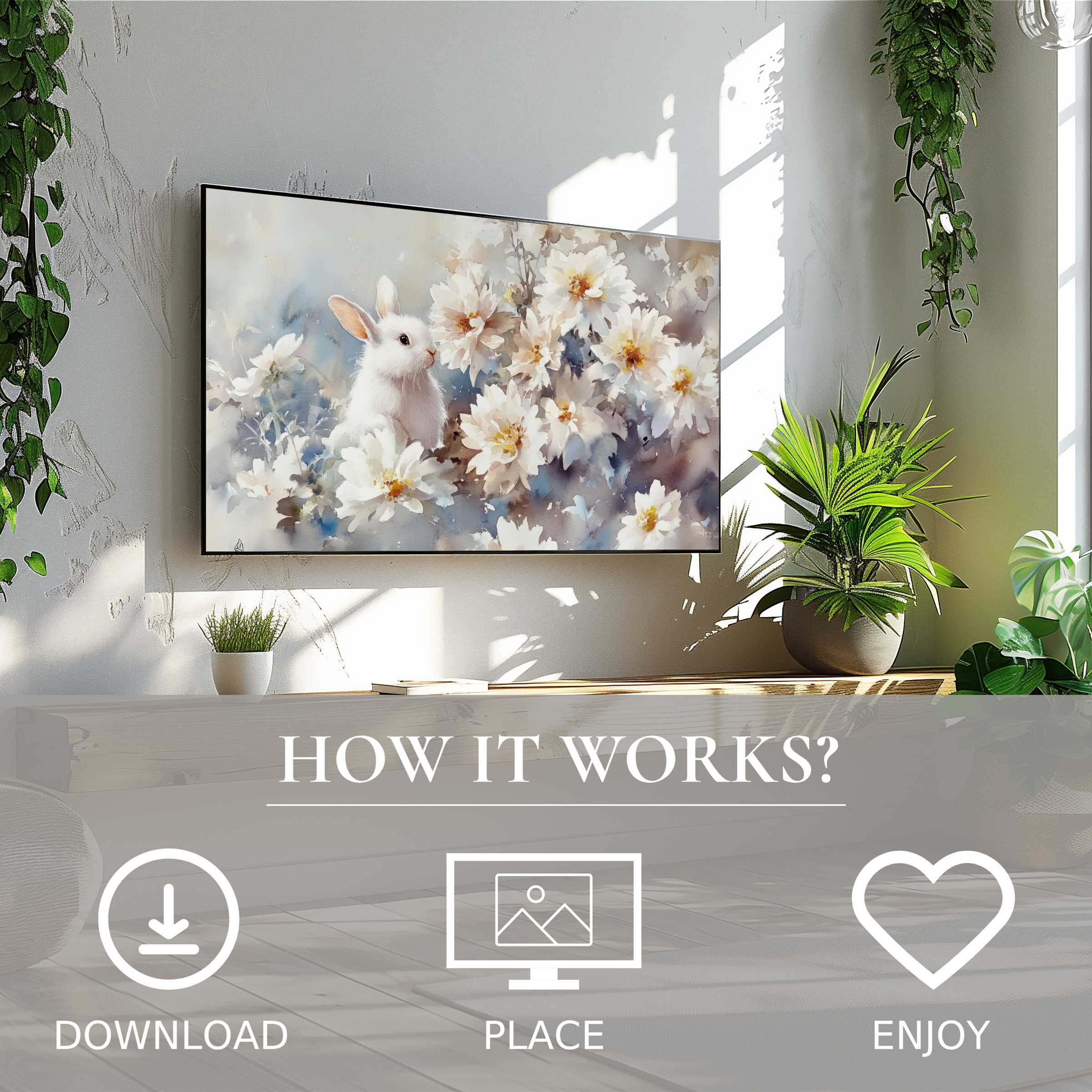 Elegant easter art for Samsung TV with soft white florals and a bunny; easy digital download enriches modern rooms