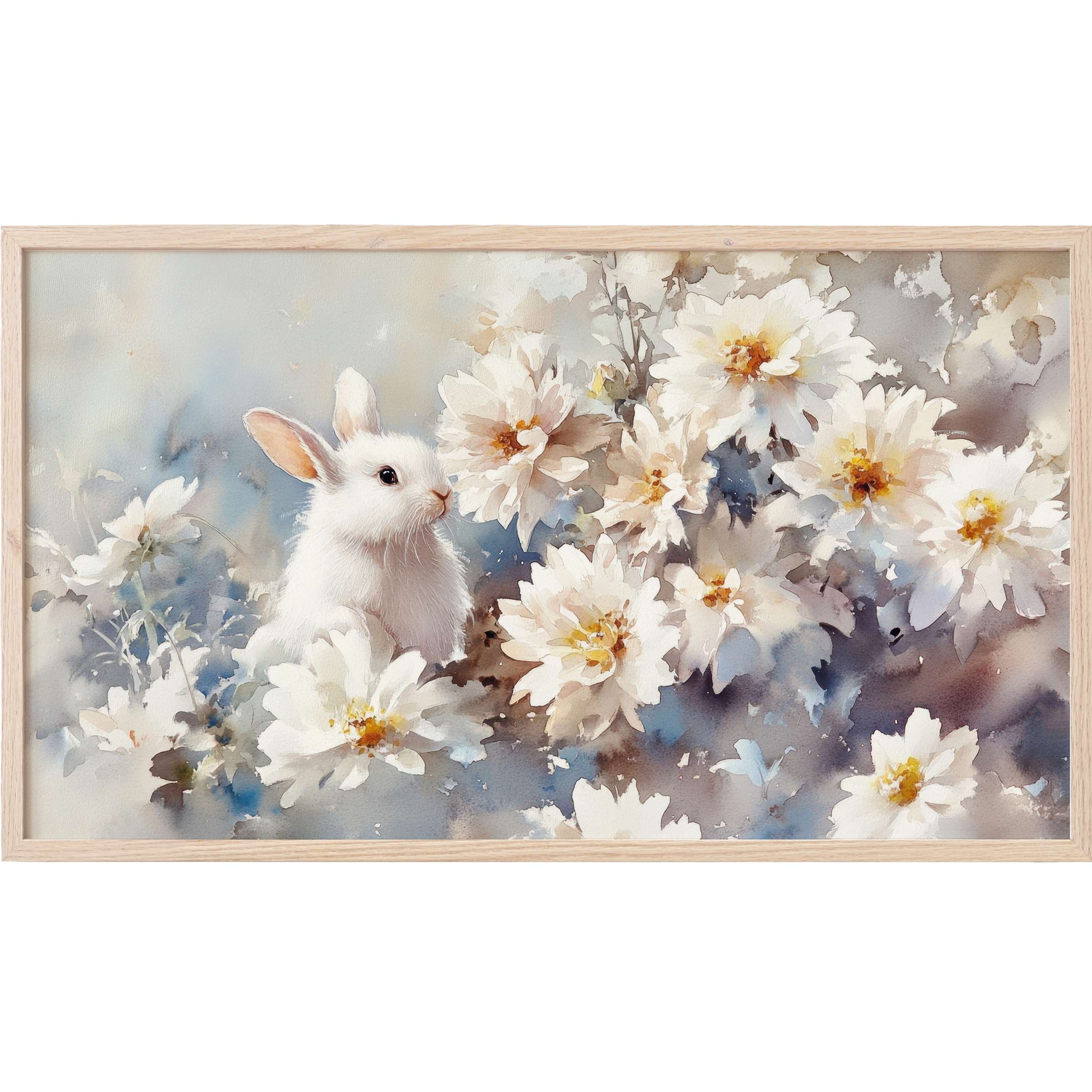 Delicate white bunny amidst soft cream daisies in muted blues and browns, elegant easter Frame TV Art