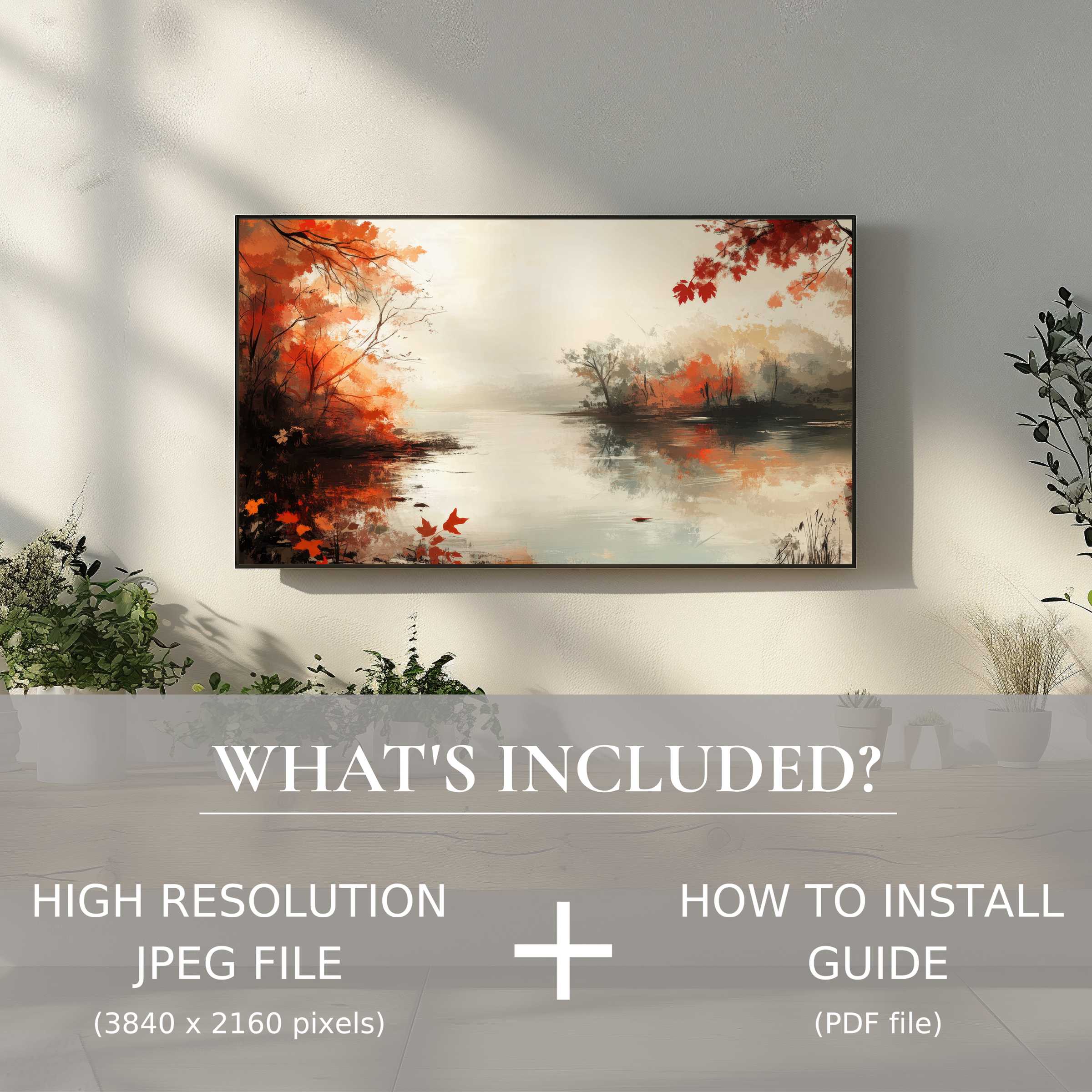 Elegant landscape digital TV art download with easy use, enhancing living spaces with warm autumnal hues