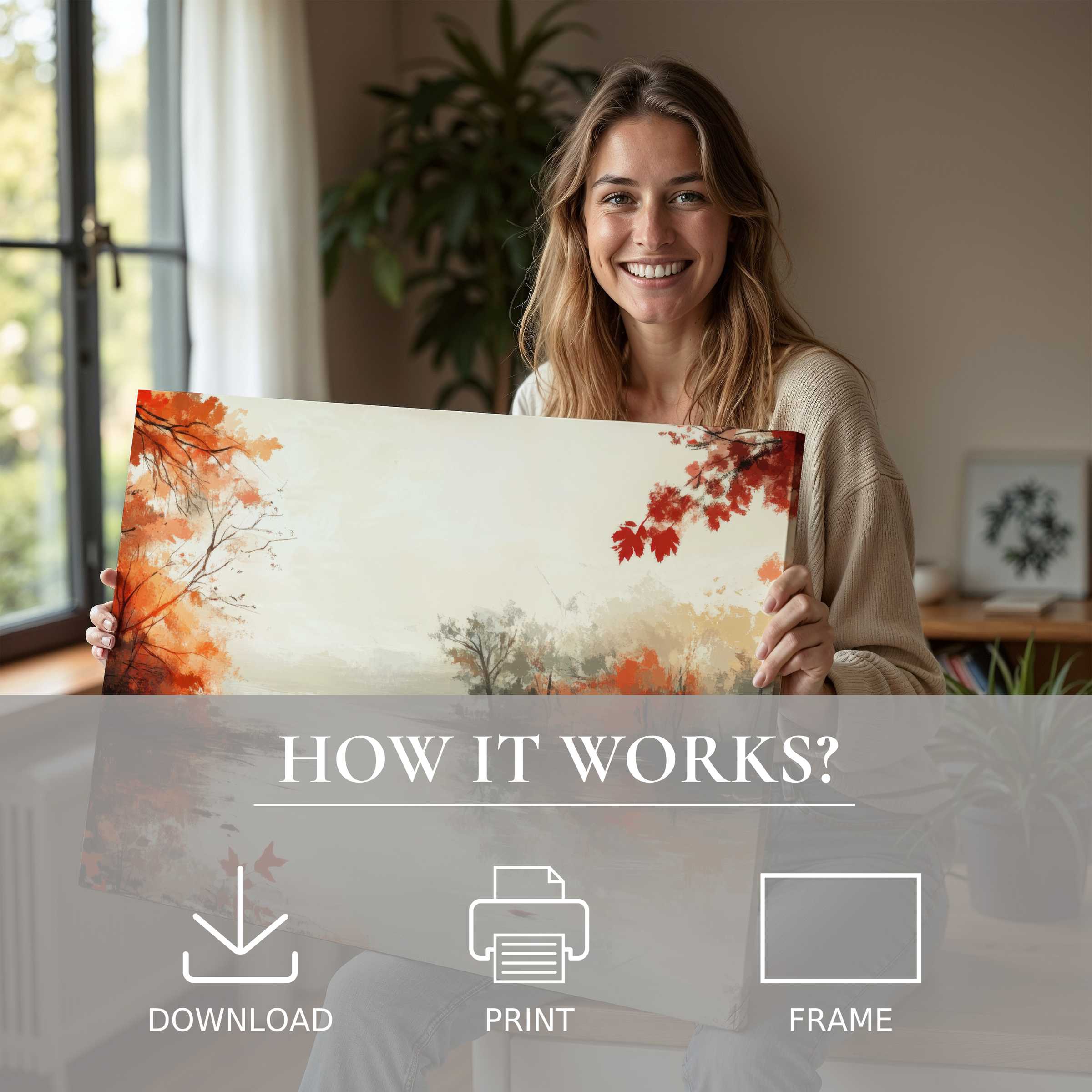 Radiant landscape digital art print embraced in a stylish home, embodying serene joy and effortless elegance in art living