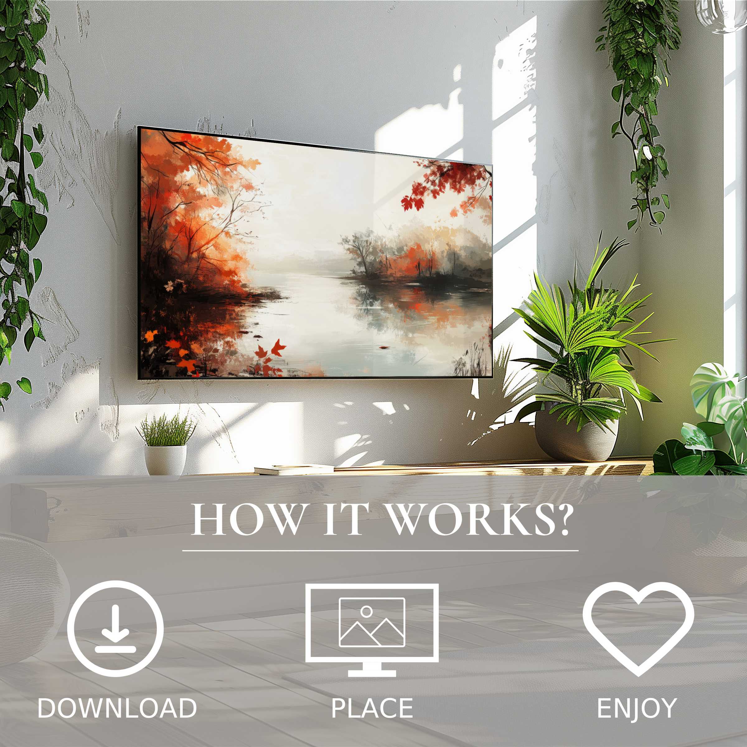 Landscape art for Samsung TV shows soft autumn tones; easy digital download enriches your stylish living space