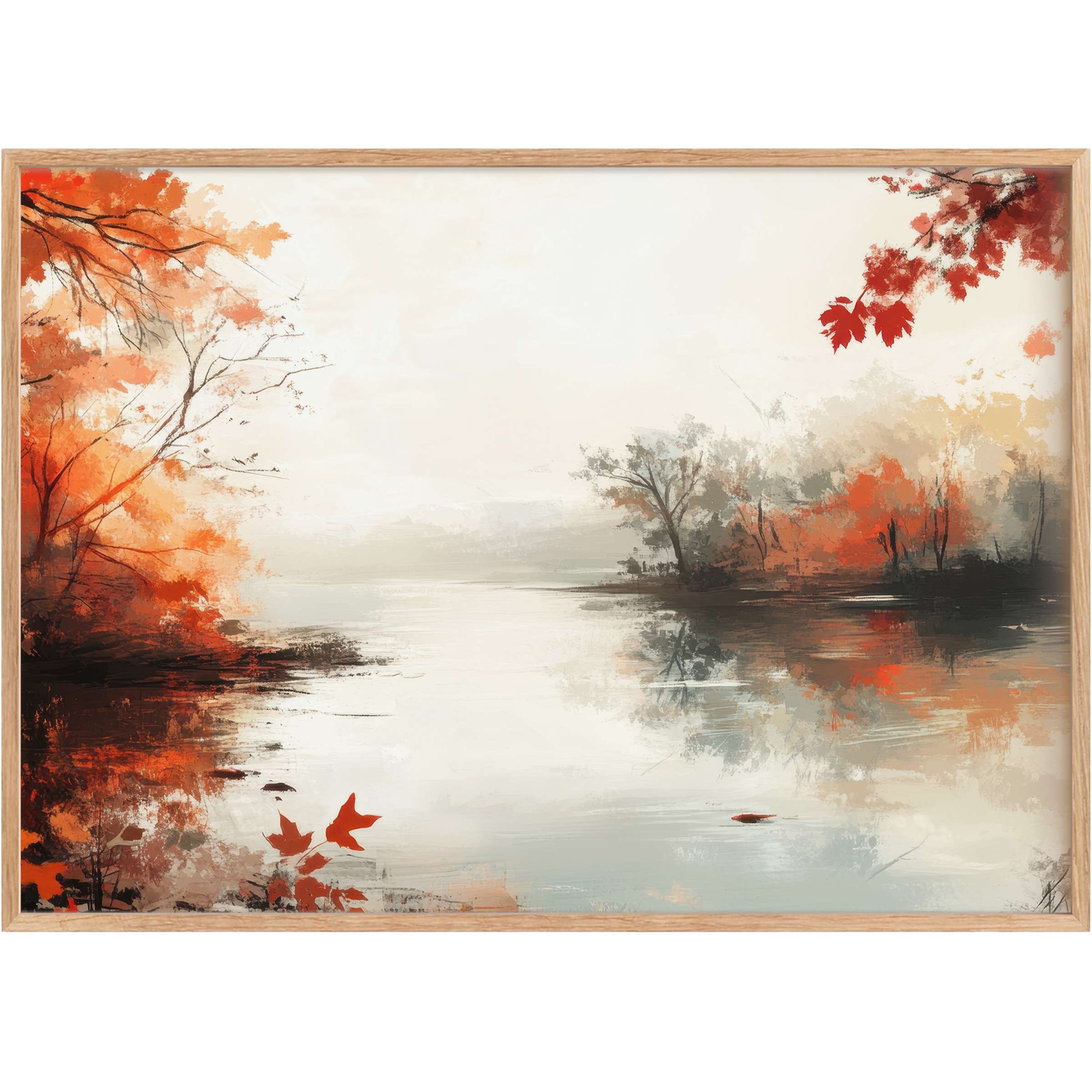 Serene landscape printable wall art blending soft grays and radiant autumn reds, evoking tranquil warmth and refined elegance