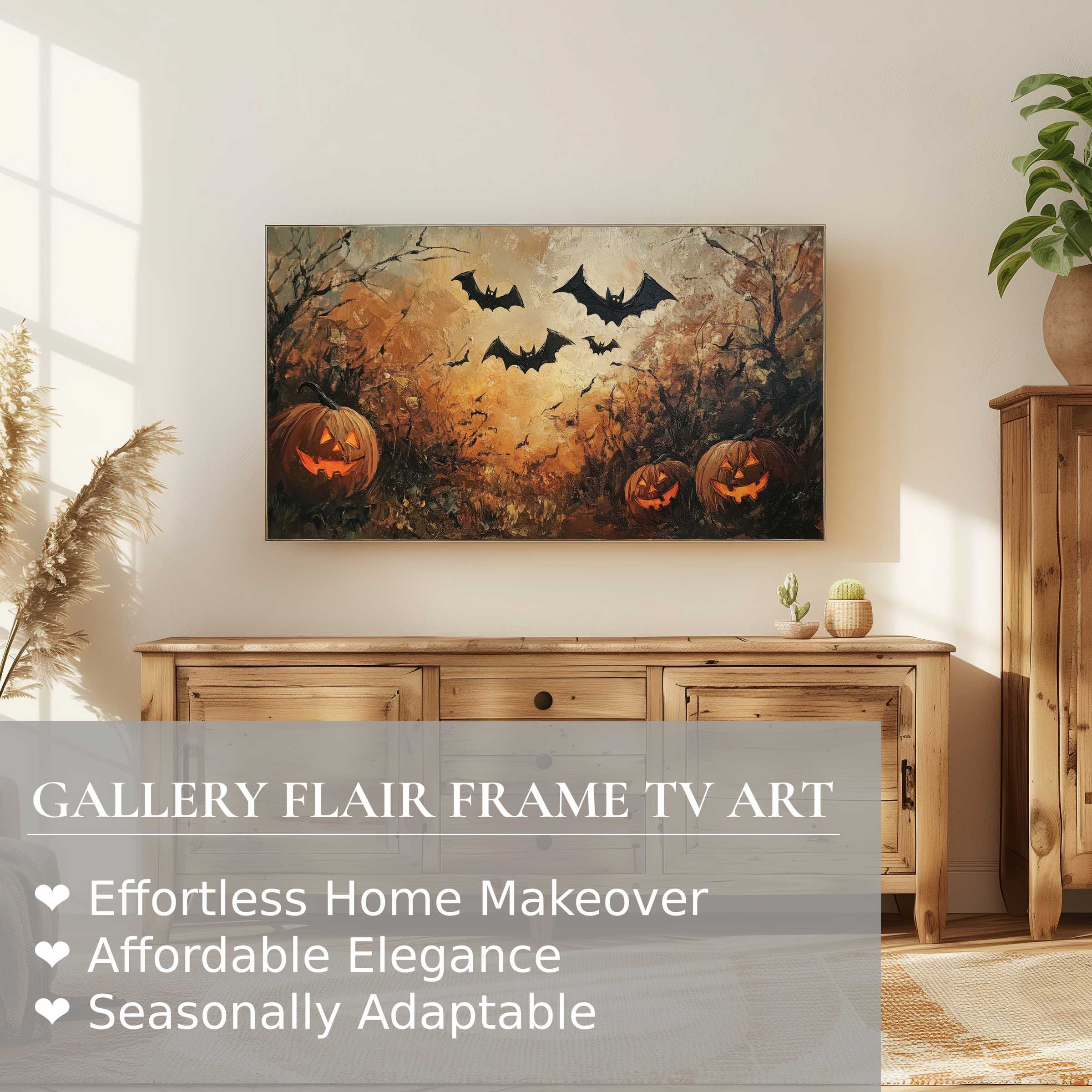 Modern autumnal setting with Halloween digital artwork of glowing pumpkins and bats on Samsung Frame TV