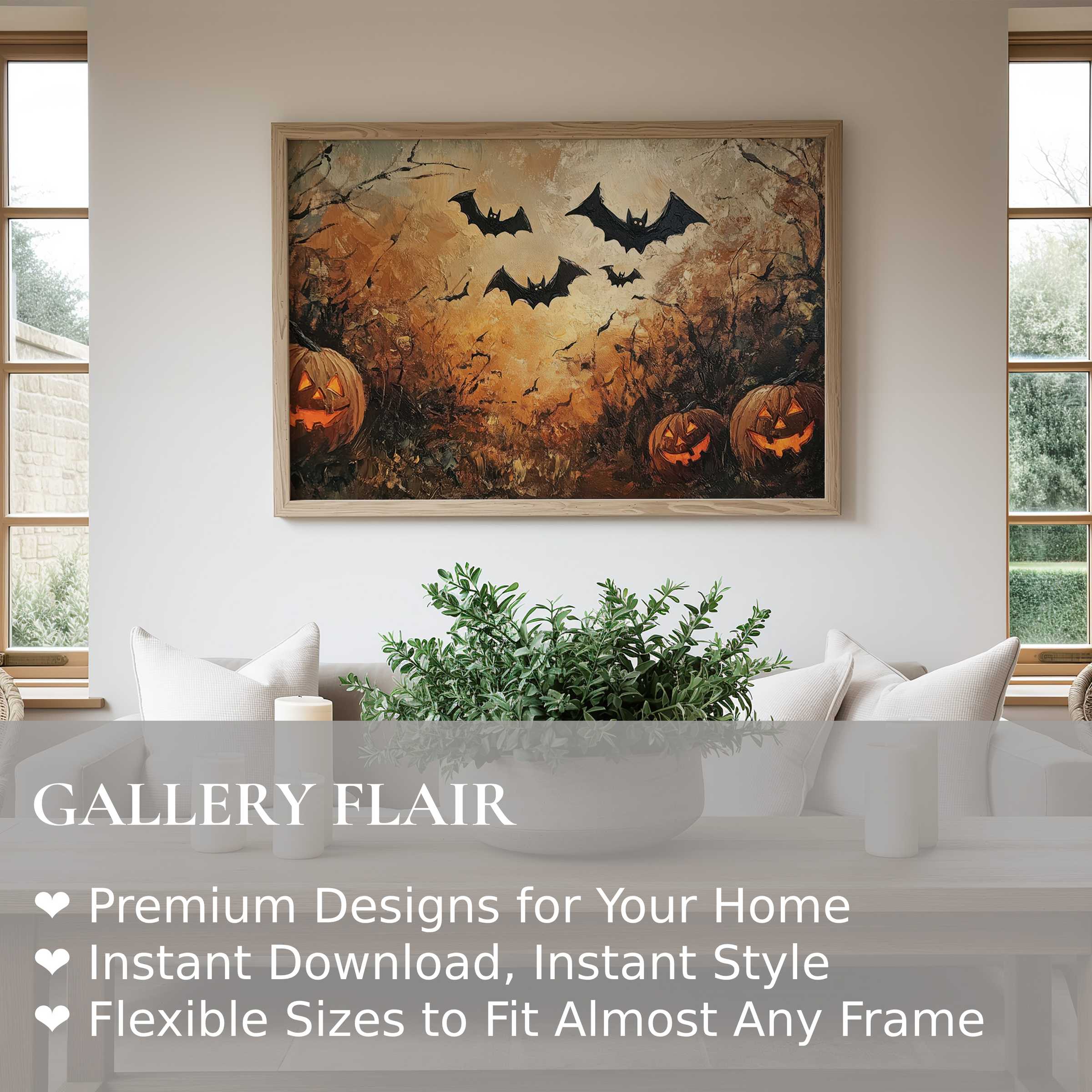 Halloween wall art print featuring glowing jack-o'-lanterns and bats amid a moody, autumnal forest scene, enhancing contemporary minimalist interiors with bold seasonal charm