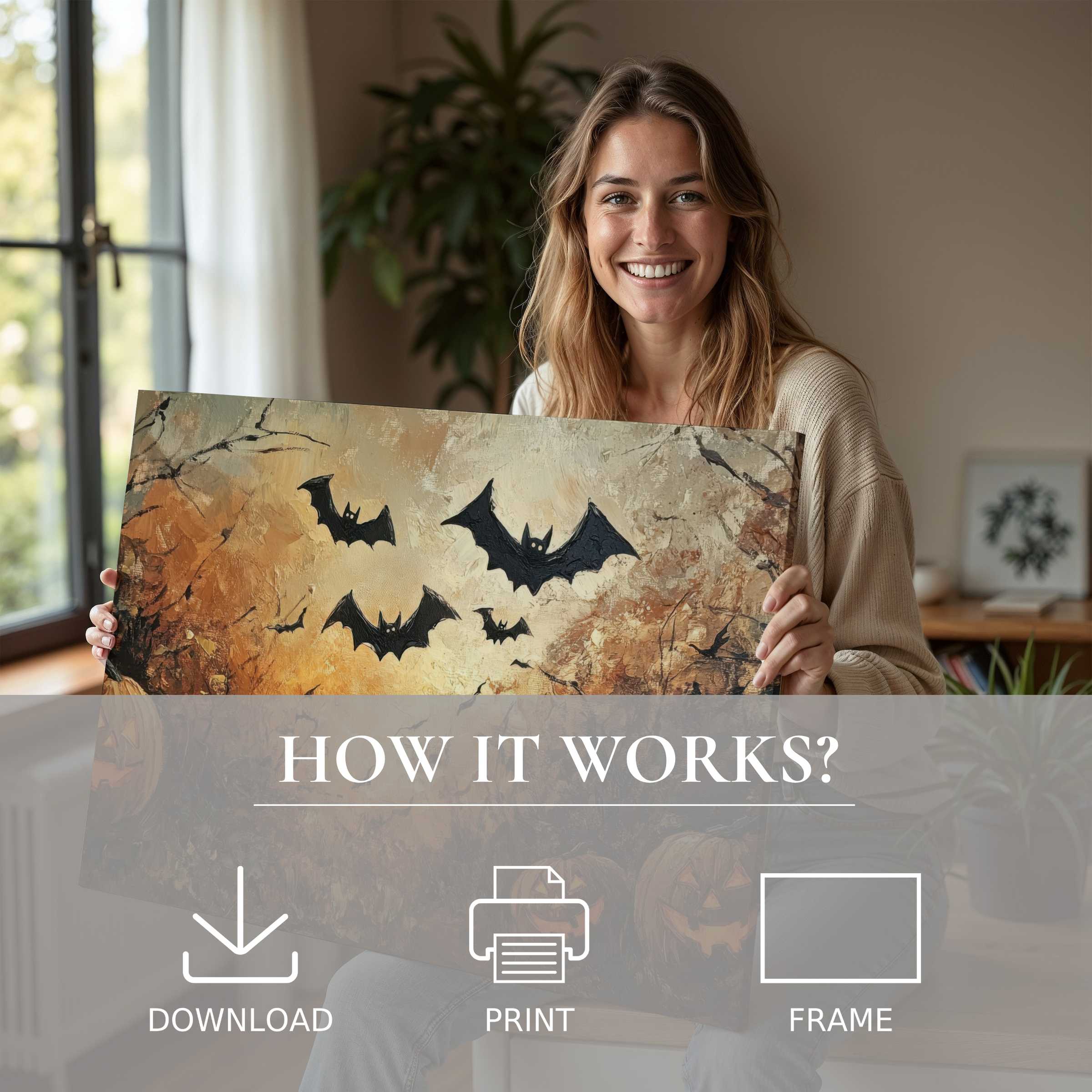 A joyful moment of connection as a woman invites warmth and seasonal charm with a Halloween digital art print in serene earth tones