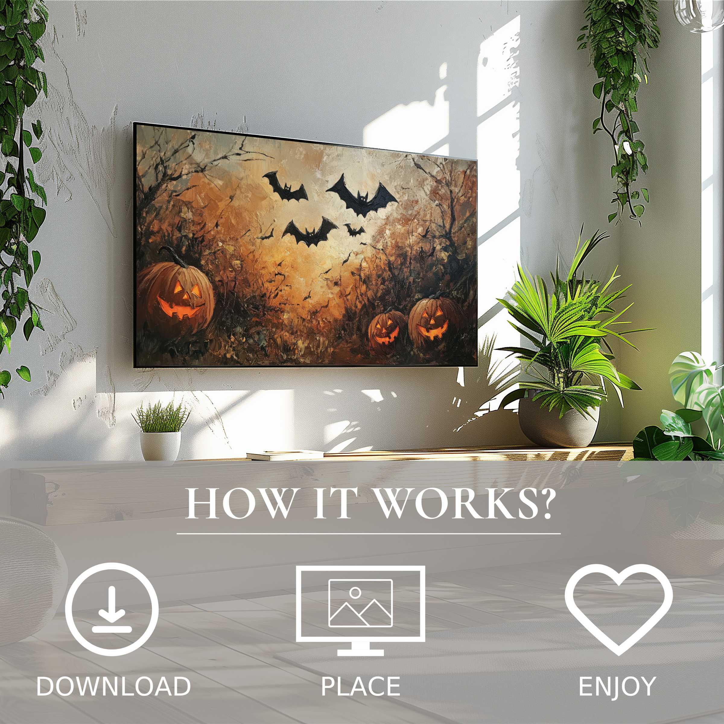 Halloween art for Samsung TV shows glowing pumpkins and flying bats in warm autumn hues, easy digital download