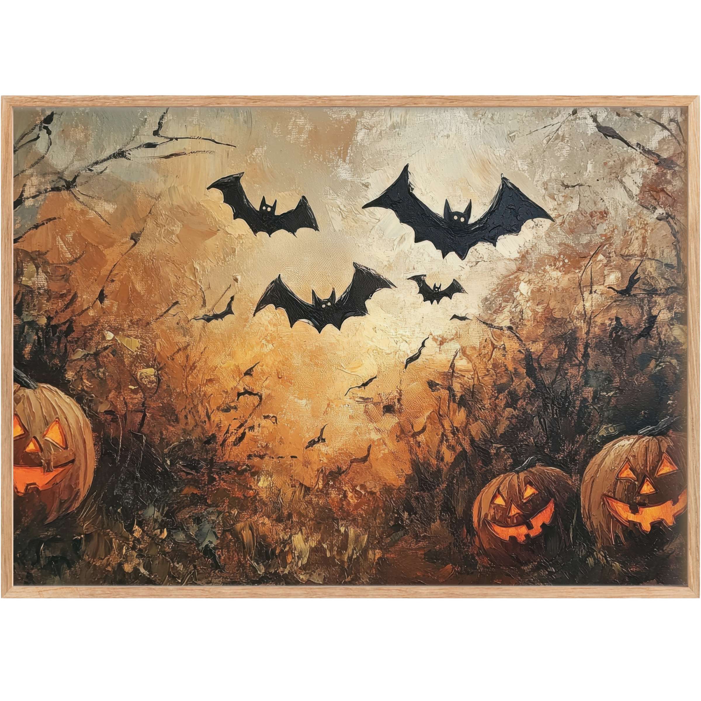 Bold Halloween printable wall art radiates autumnal warmth with glowing pumpkins and mysterious black bats, enriching any chic space