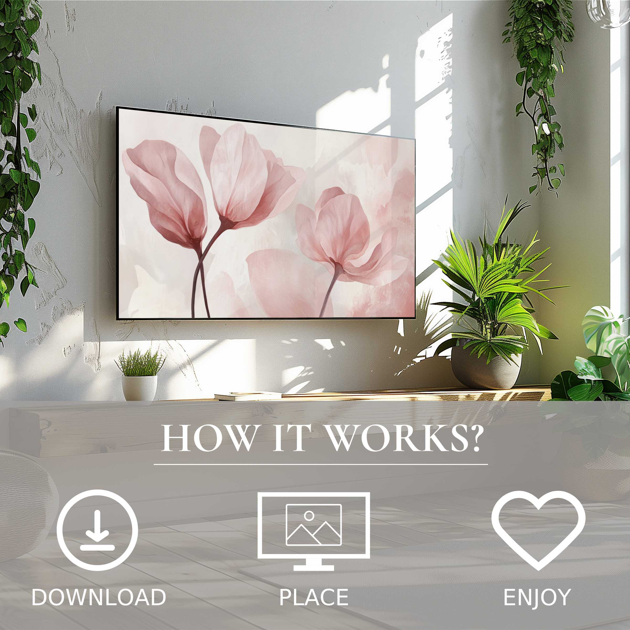 Modern art for Samsung TV displaying soft pink floral motif, easy digital download enriching your stylish living space
