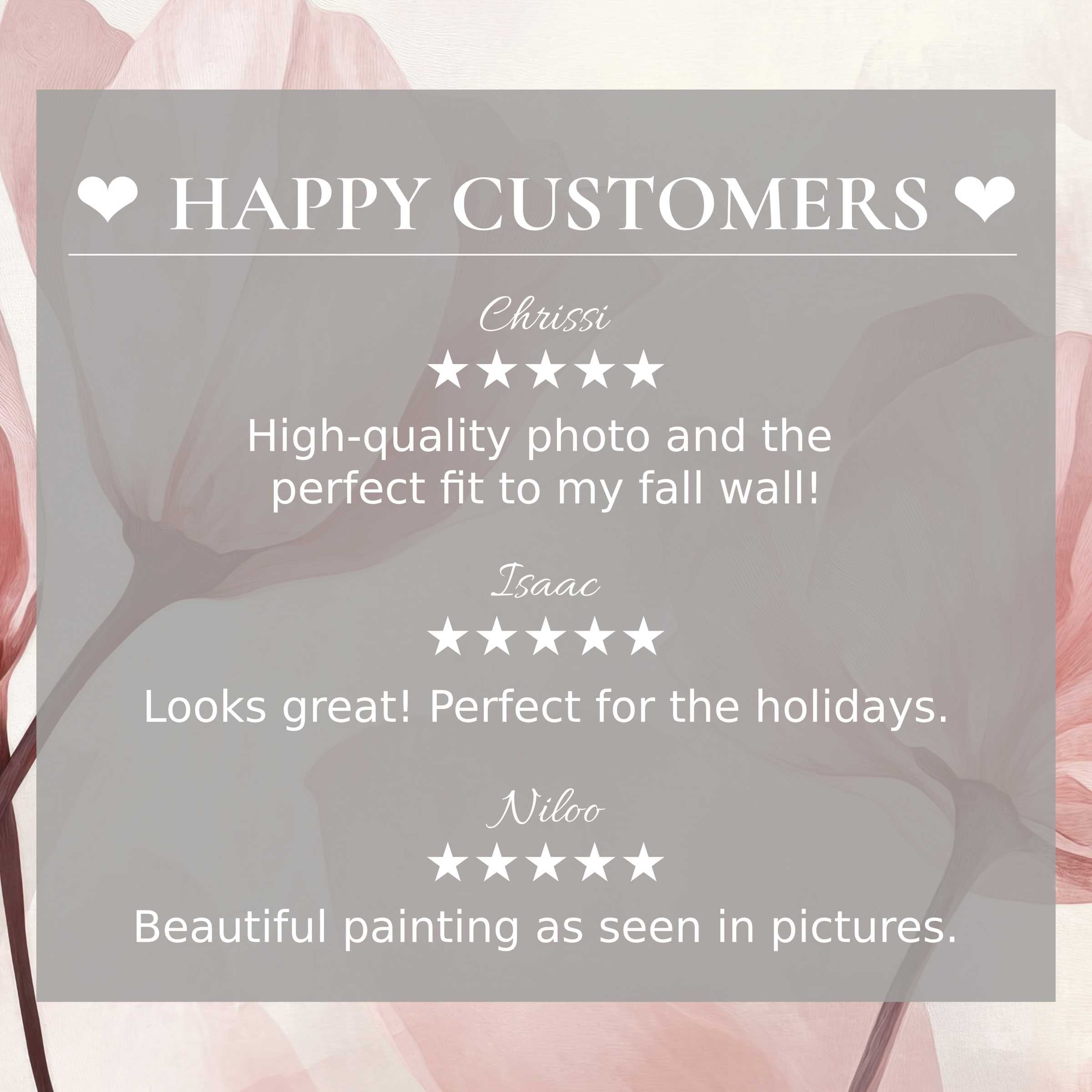 Modern art for Frame TV with abstract floral hues, showcasing happy customer reviews and elegant, trustworthy design