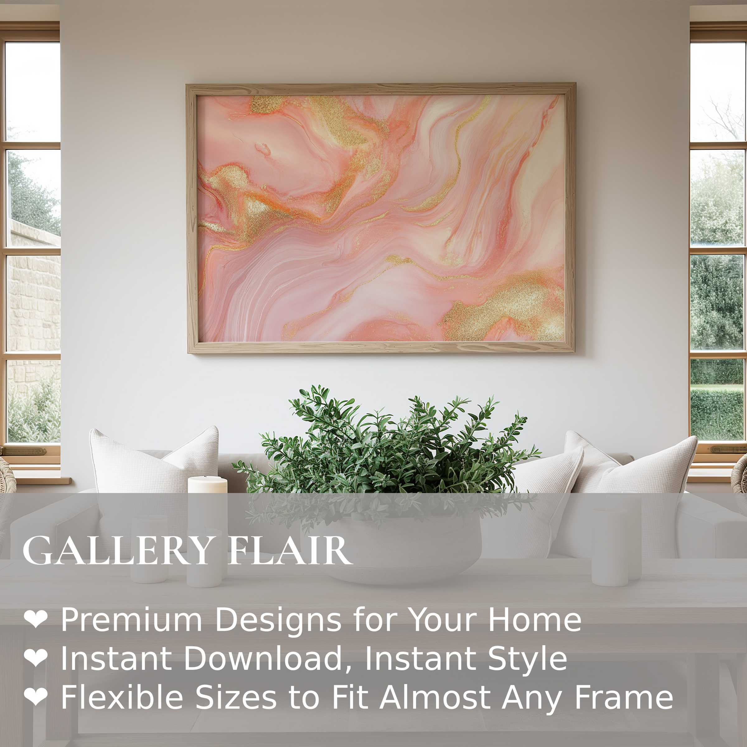 Elegant abstract wall art print in soft pink and gold radiates warmth and sophistication, enhancing serene modern interiors
