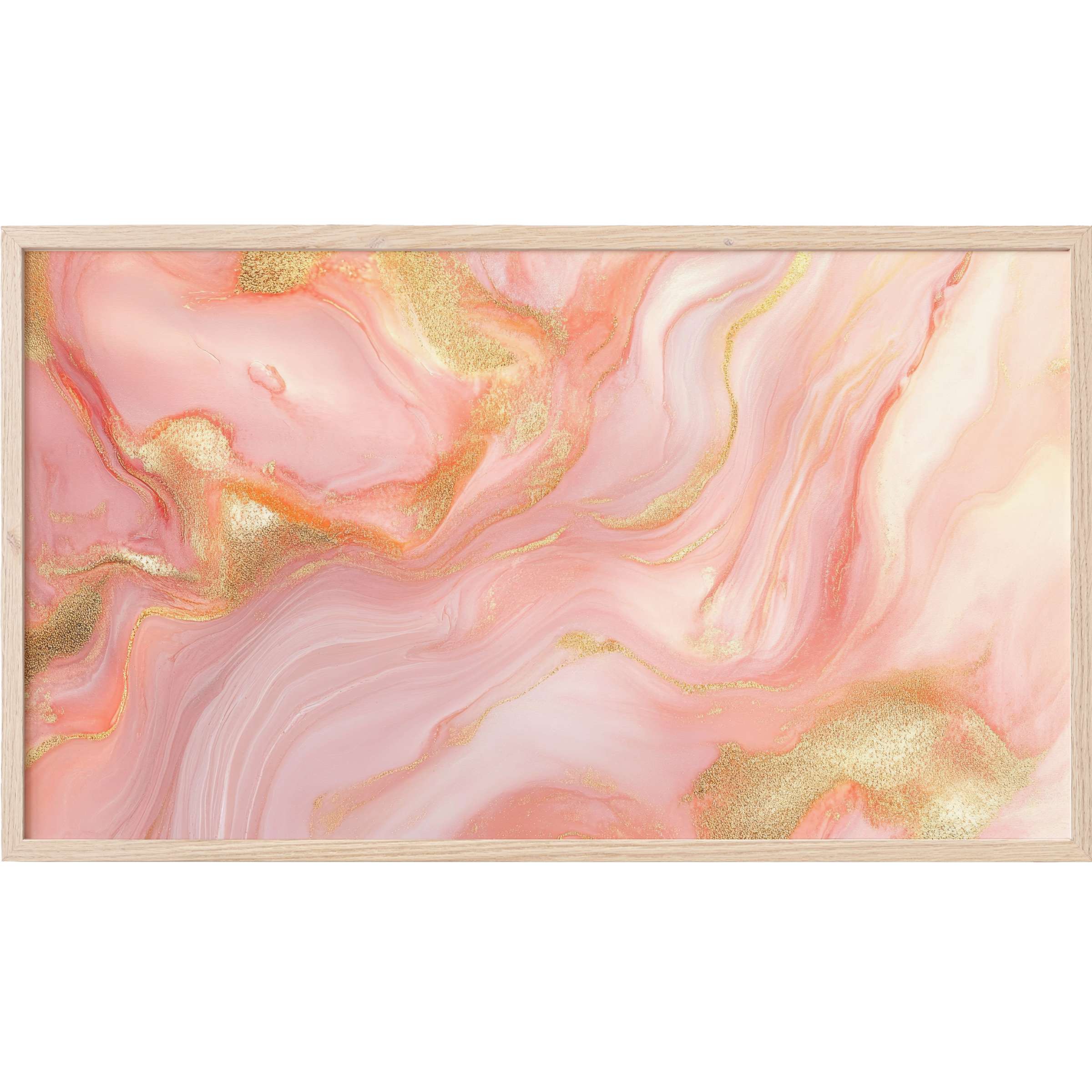 Abstract Frame TV Art with flowing coral and blush hues accented by shimmering gold veins in a modern, elegant style