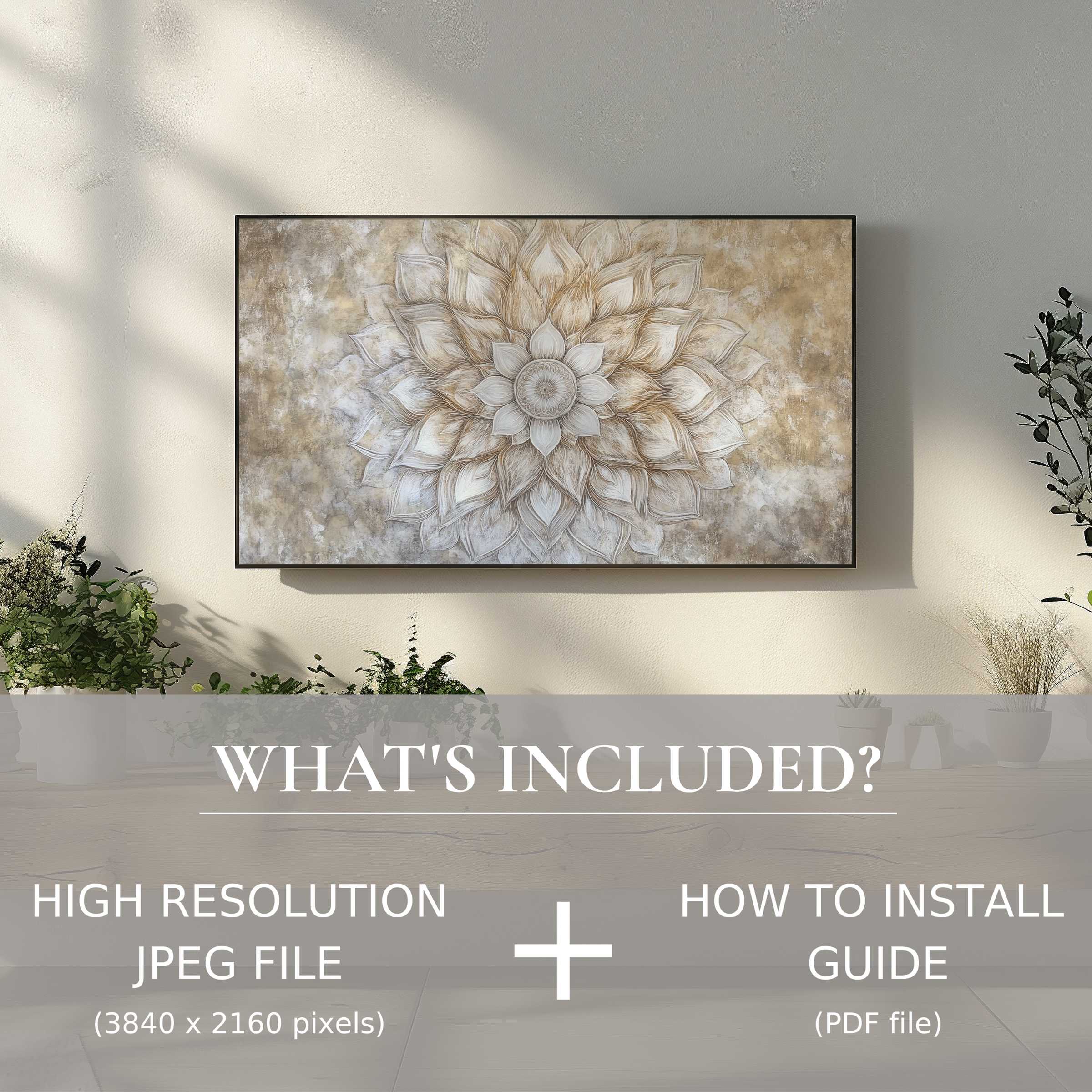 Elegant living room with neutral digital TV art download; easy digital use enhances calm, stylish ambiance