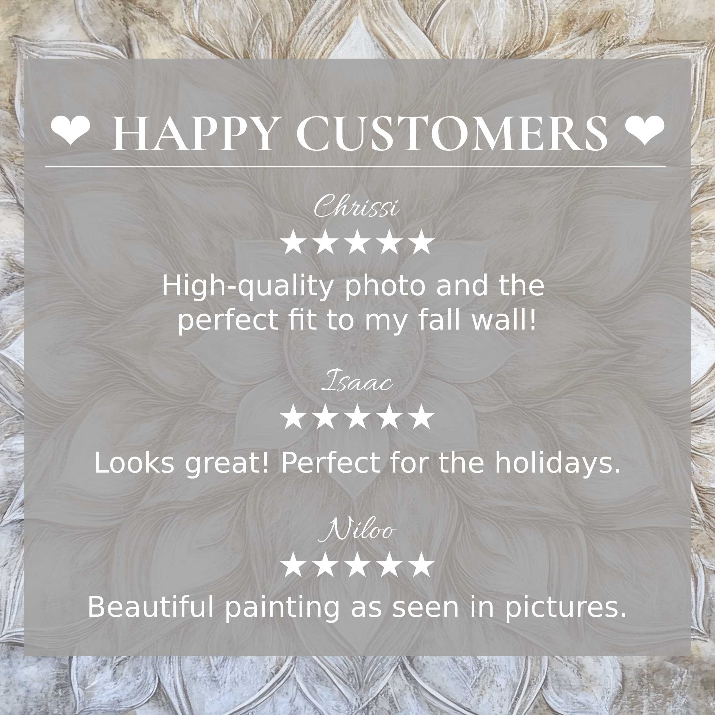 Happy customer reviews over neutral art for Frame TV with elegant textured floral beige backdrop building trust
