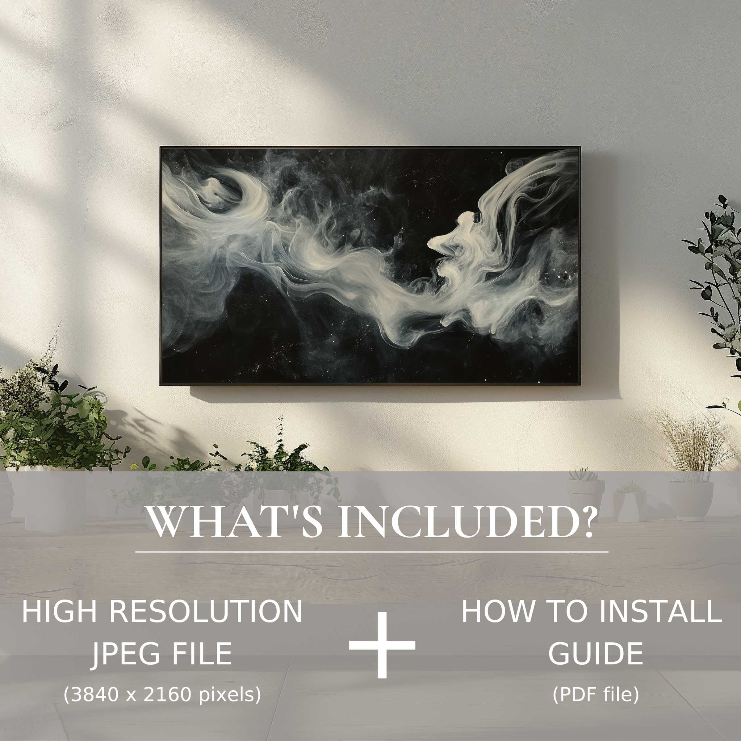 Elegant living space enhanced by a black and white digital TV art download, easy digital use for modern decor