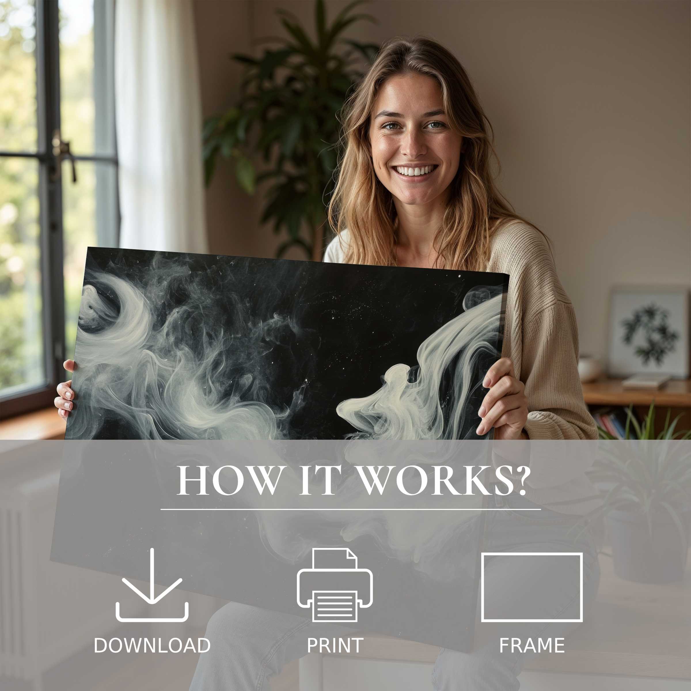 Joyful woman in a modern home reveals a black and white digital art print, embodying serene elegance and effortless style