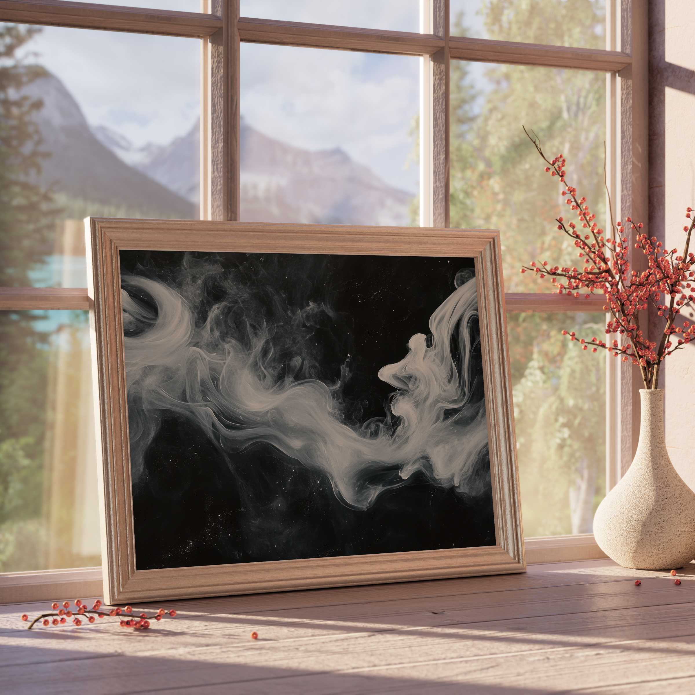 Ethereal black and white downloadable art with flowing smoke forms, perfect for curated, serene, modern interiors enhancing tranquil elegance