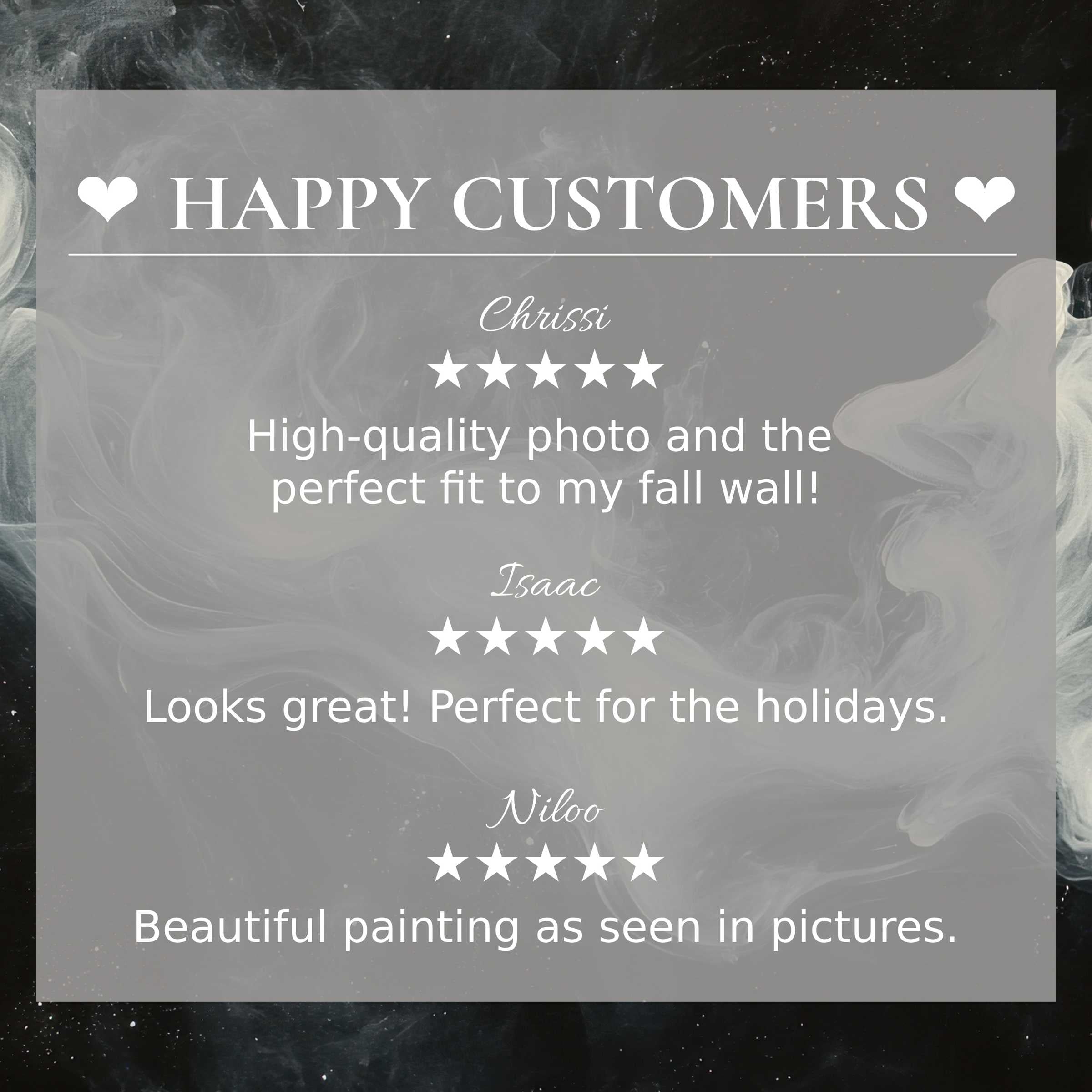 Elegant black and white art for Frame TV with smoky abstract backdrop and glowing happy customer reviews building trust