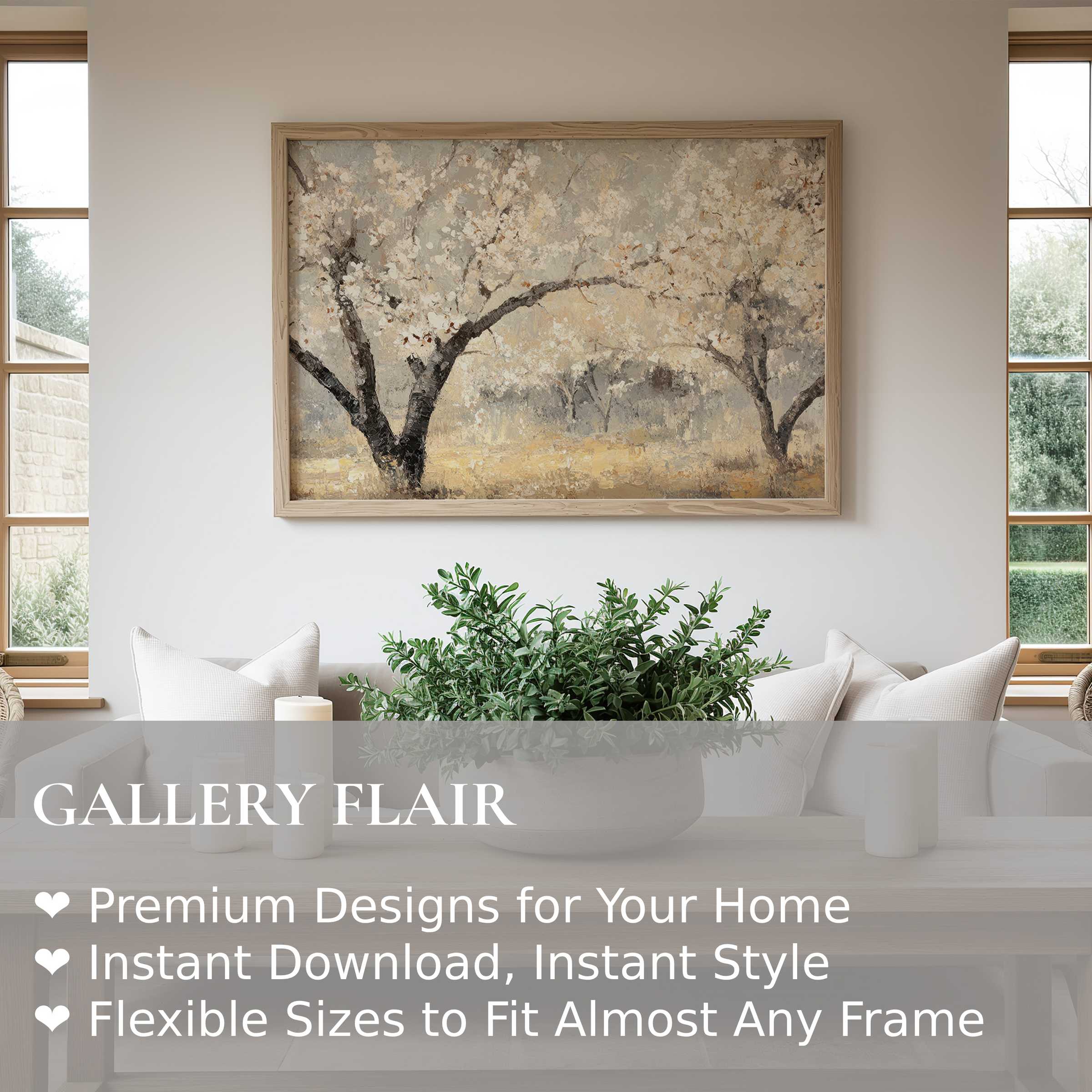 Elegant tree wall art print in muted earth tones brings soft, calming warmth to minimalist, modern living spaces