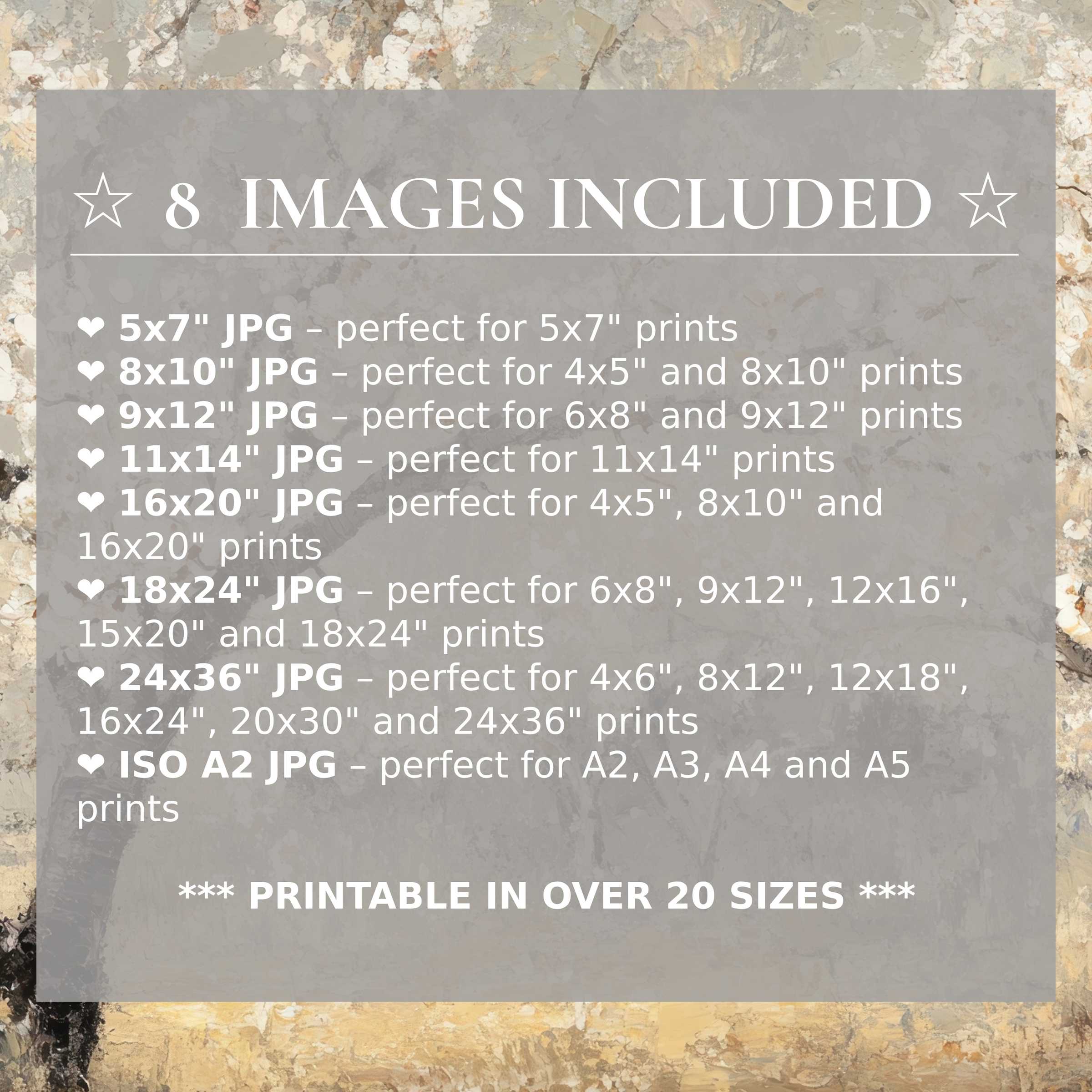 Print size guide showing 8 included JPG formats for versatile wall art printing – perfect for framing in popular sizes from 5x7 to 24x36 and A2