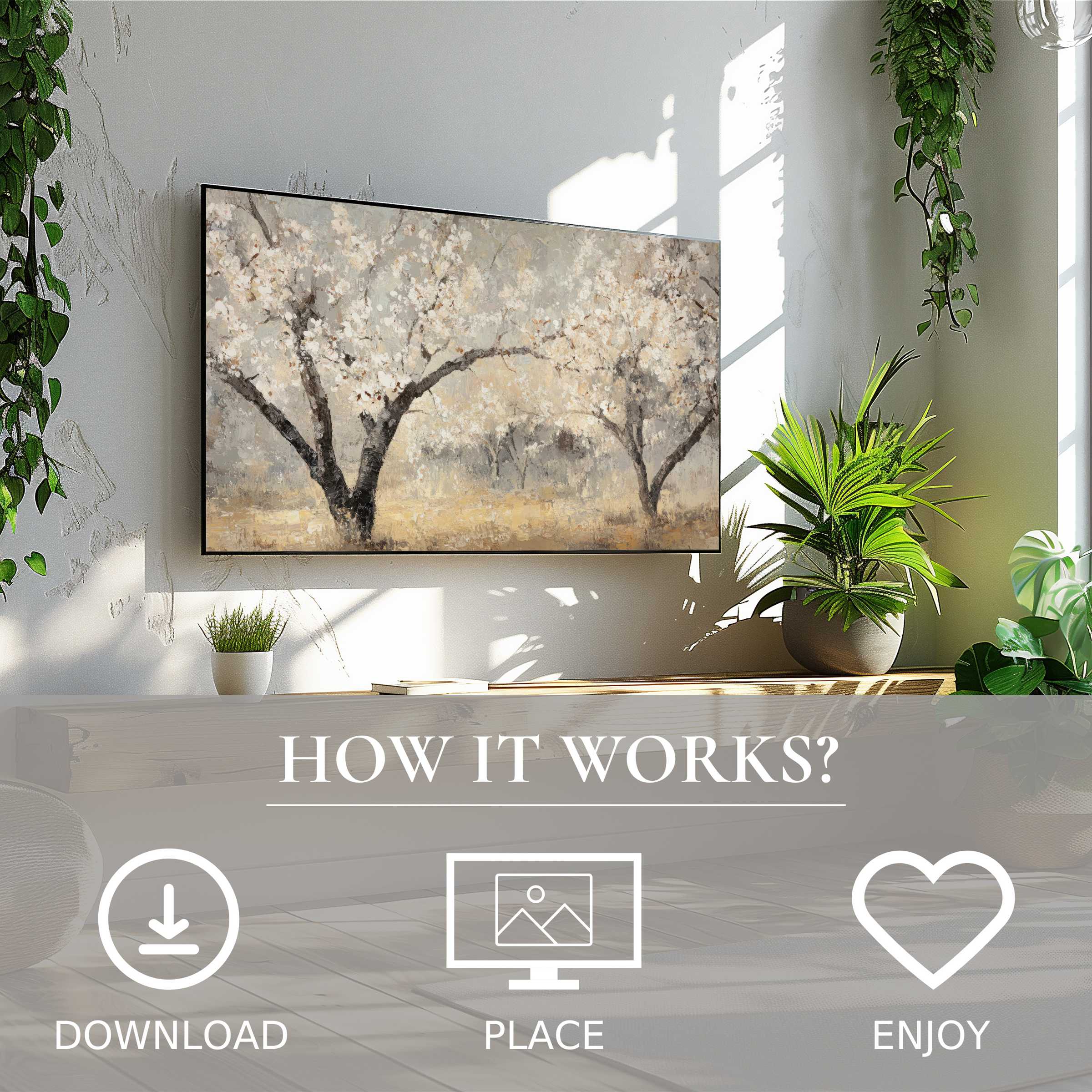 Tree art for Samsung TV shows soft neutral tones with blooming trees, easy digital download enriches modern living spaces