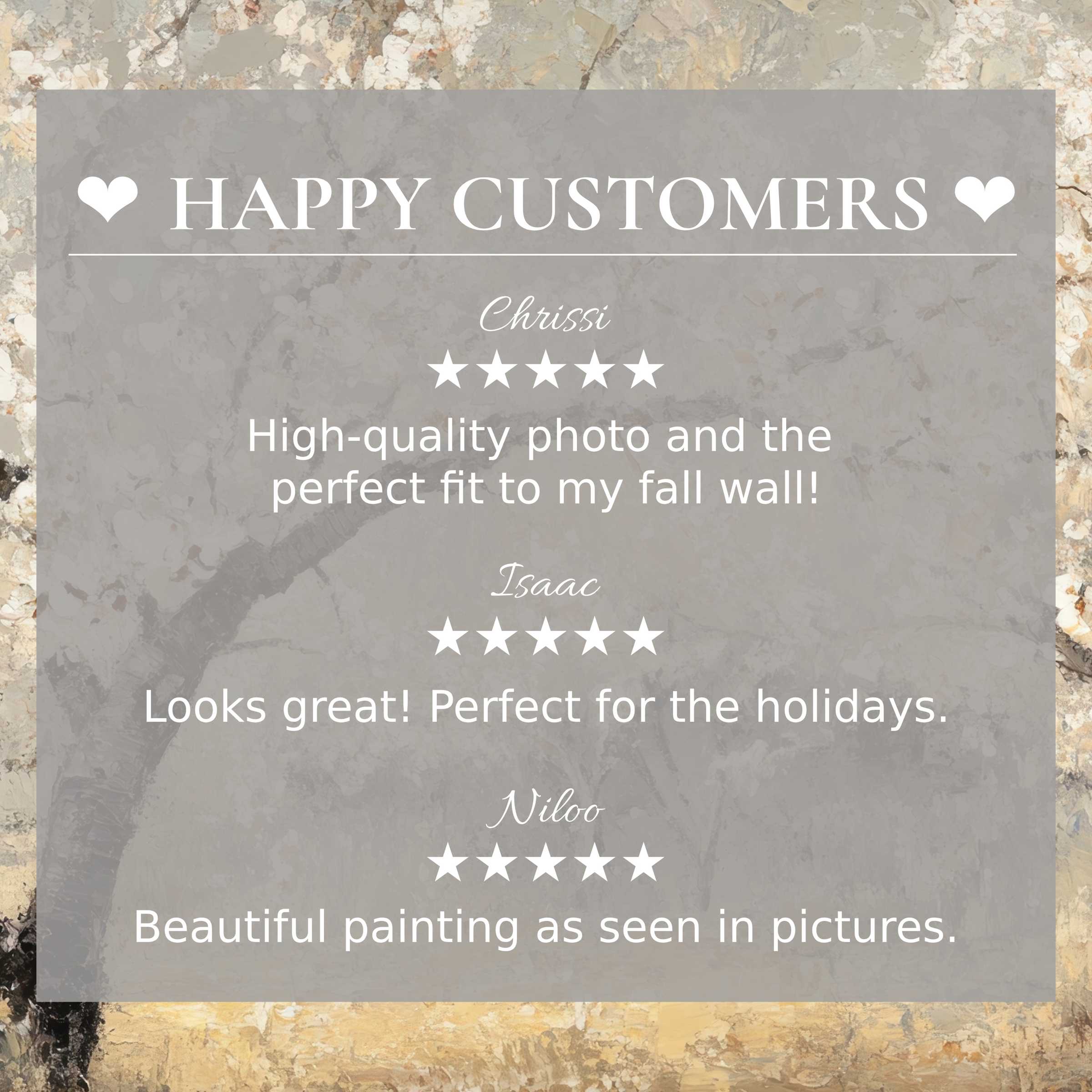 trees art for Frame TV with abstract sunset colors, showcasing happy customer reviews and elegant style trust