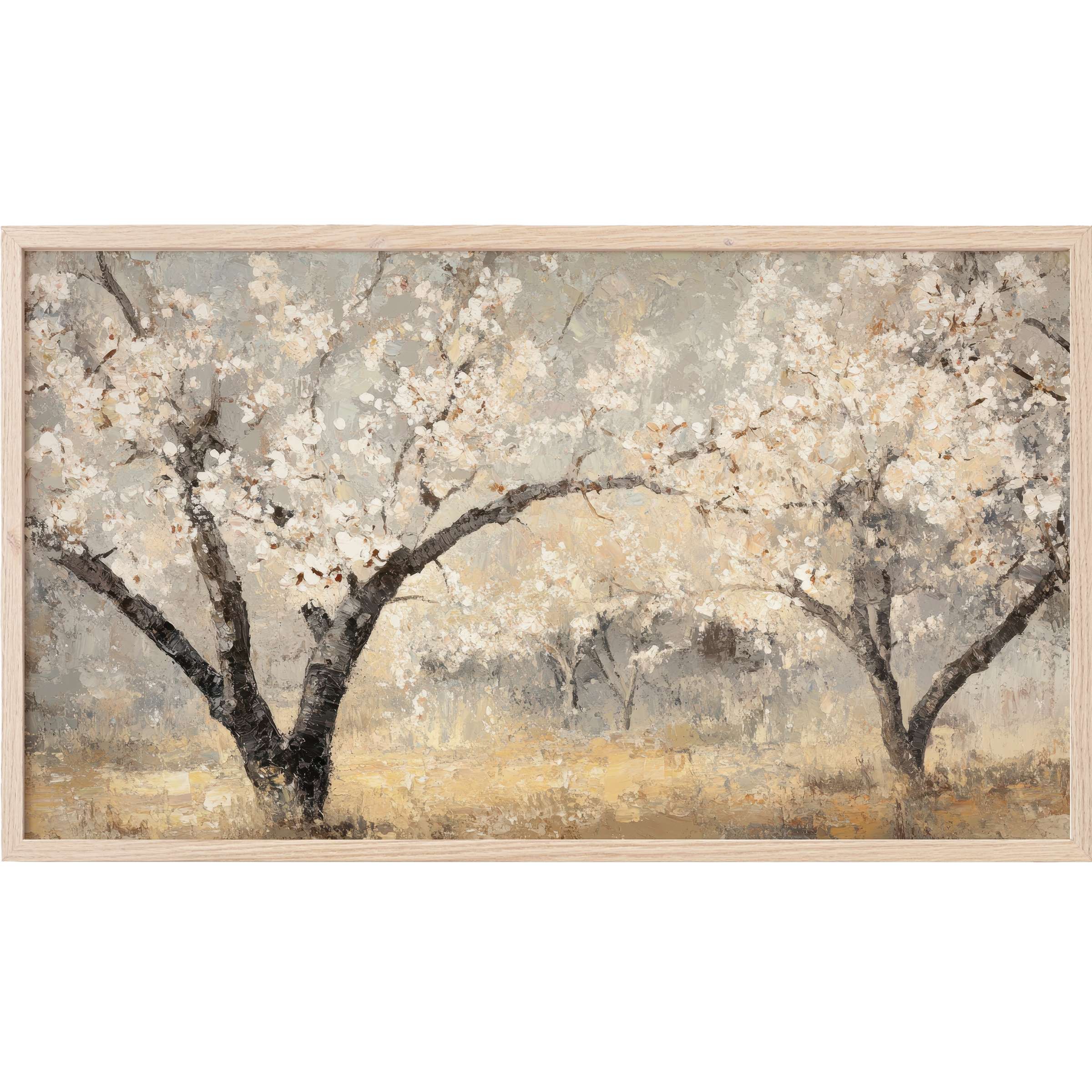 Soft textured blossoms grace muted earthy tones in this serene tree Frame TV Art for refined spaces