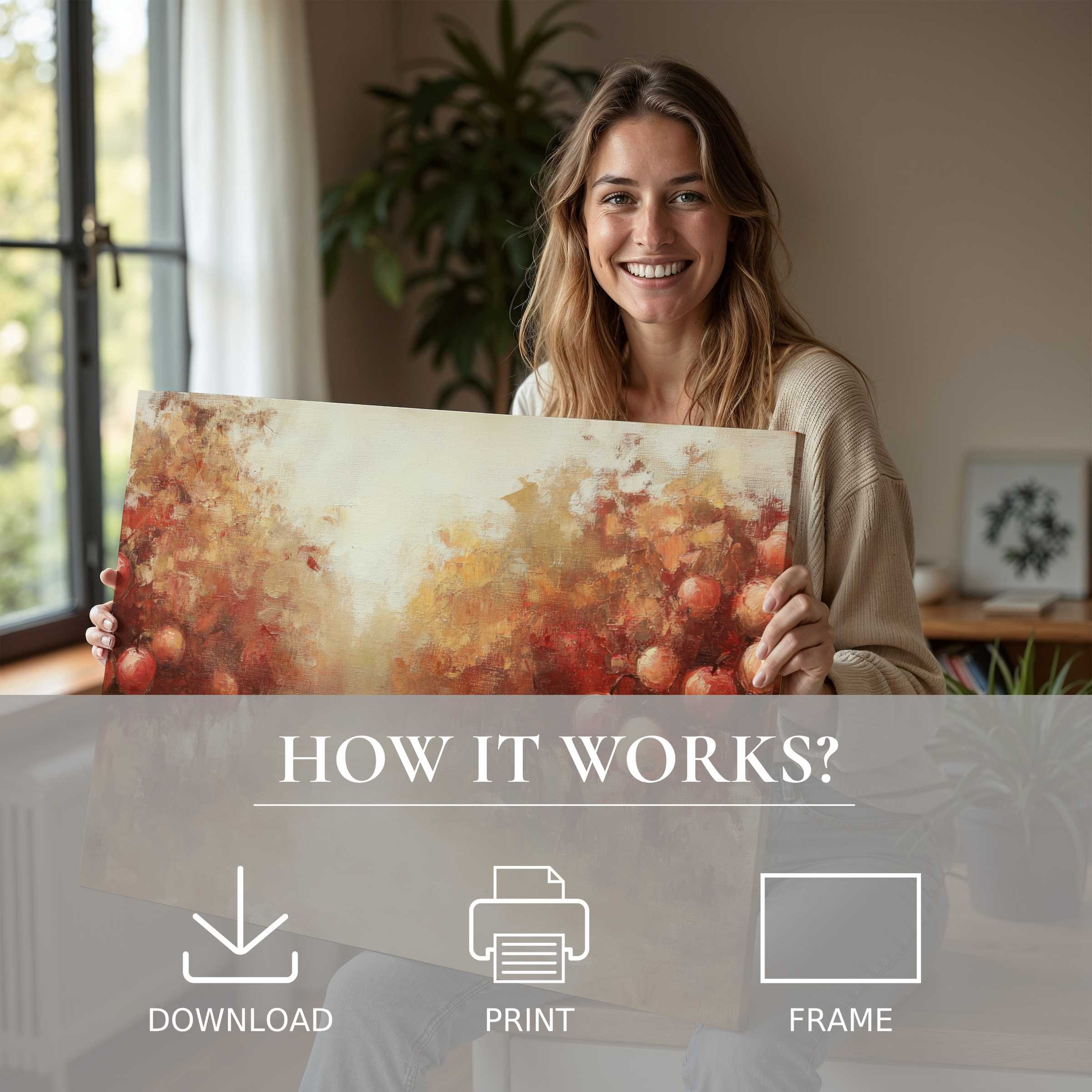 Elegant fall digital art print embraced in a modern home, embodying warmth and effortless joy in living with art