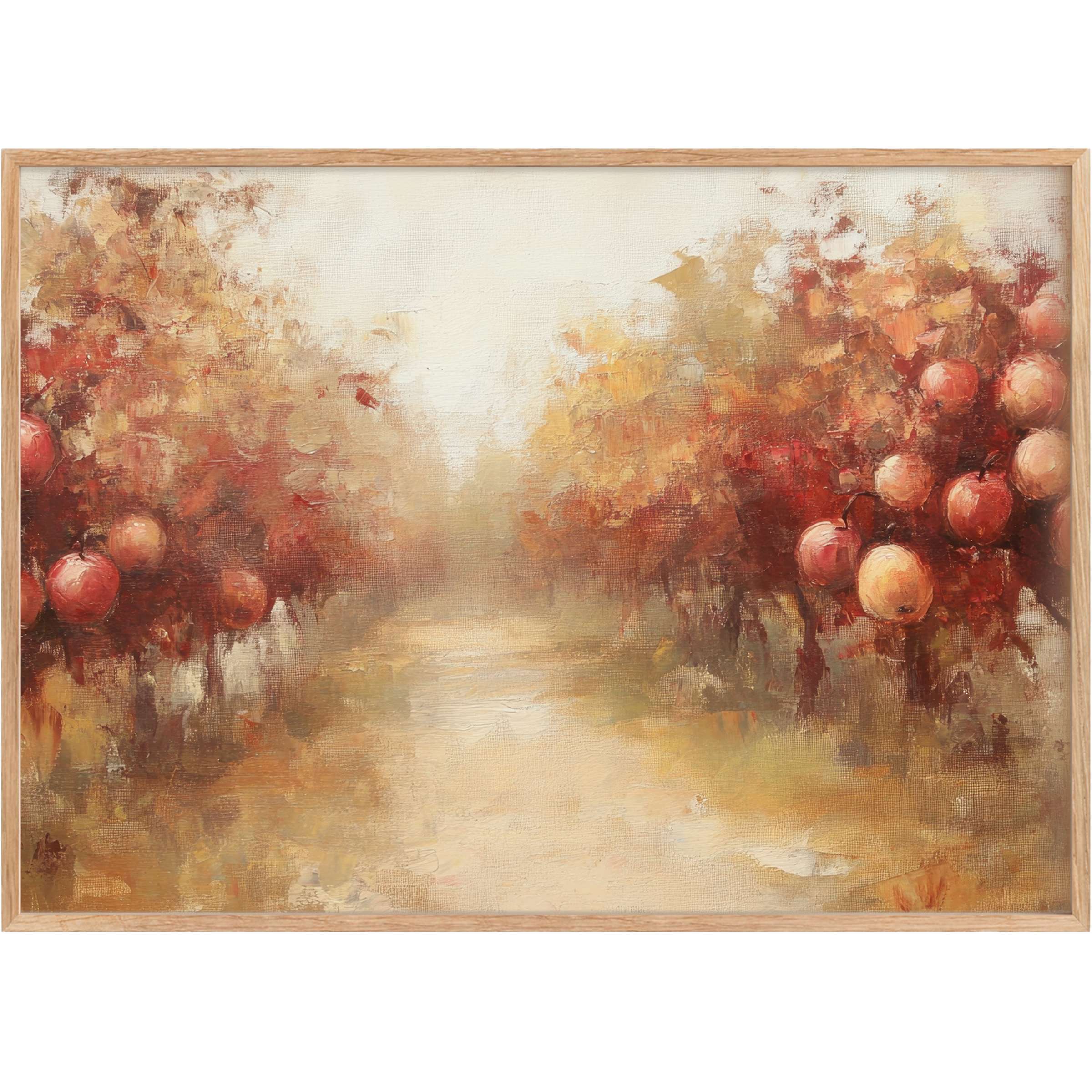 Radiant fall printable wall art capturing a misty orchard bathed in warm amber and rich crimson hues for a cozy, elegant space