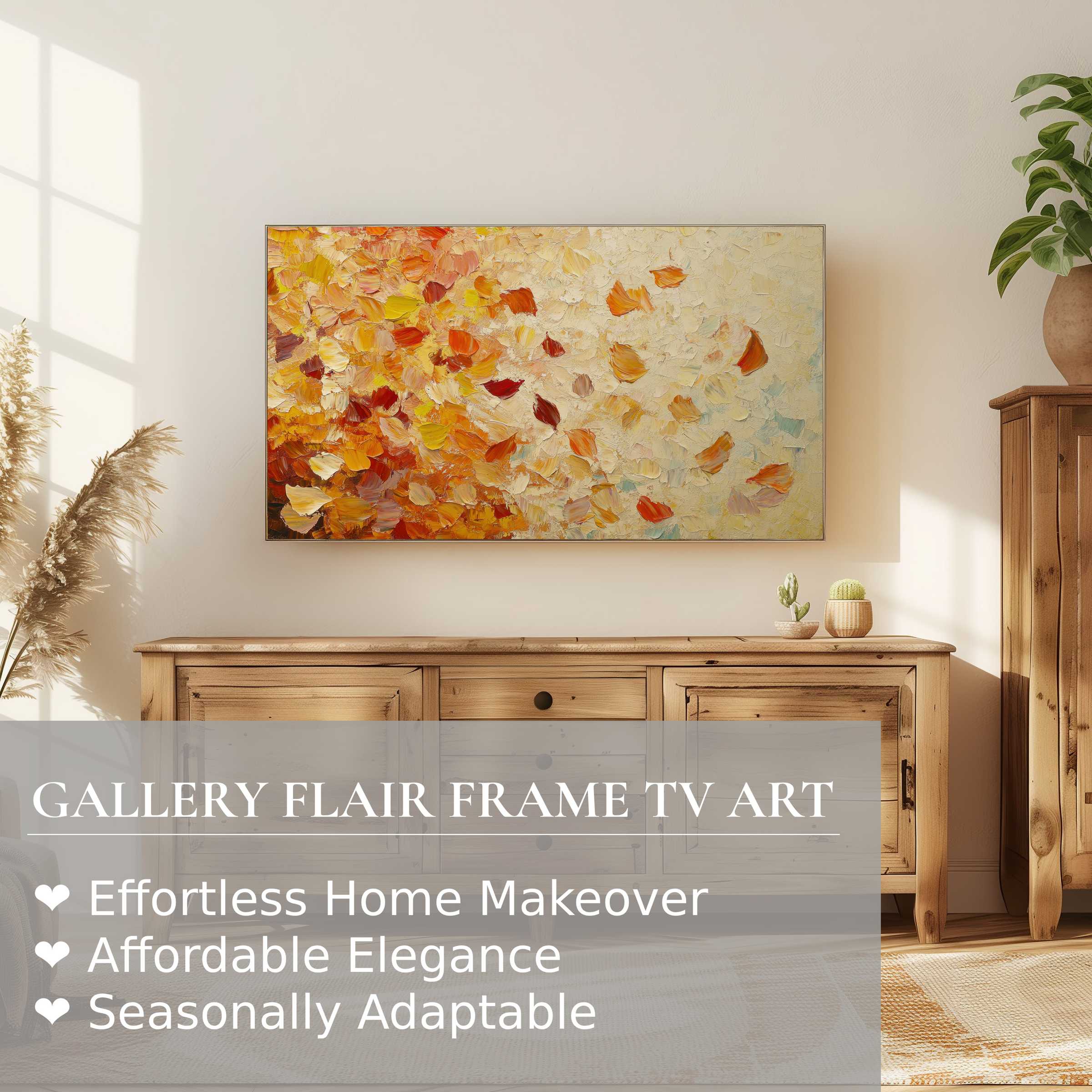 Modern living room with warm wood, Samsung Frame TV showcasing vibrant botanical digital artwork in elegant autumnal hues