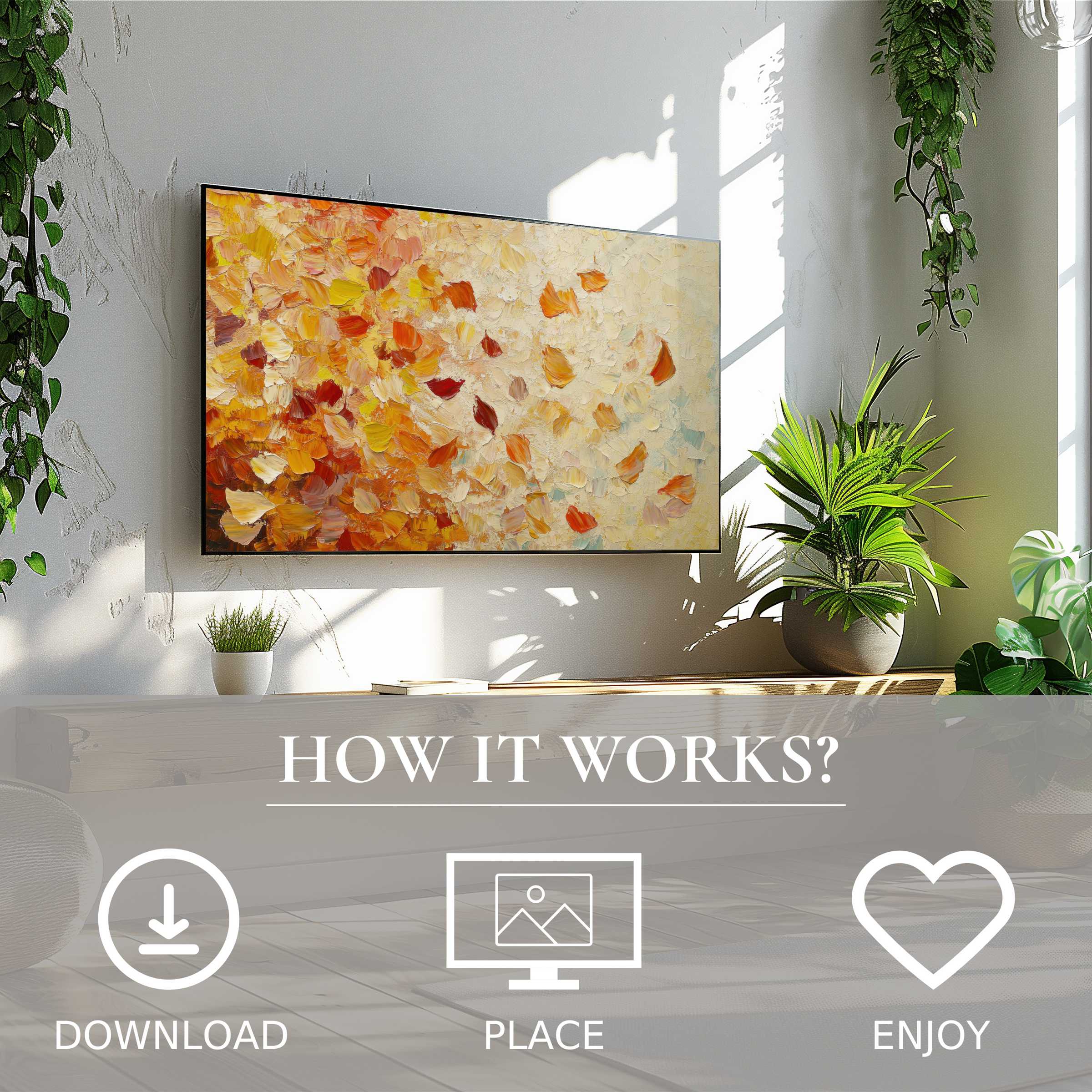 Botanical art for Samsung TV showing warm autumn leaf colors, easy digital download enriches modern living spaces