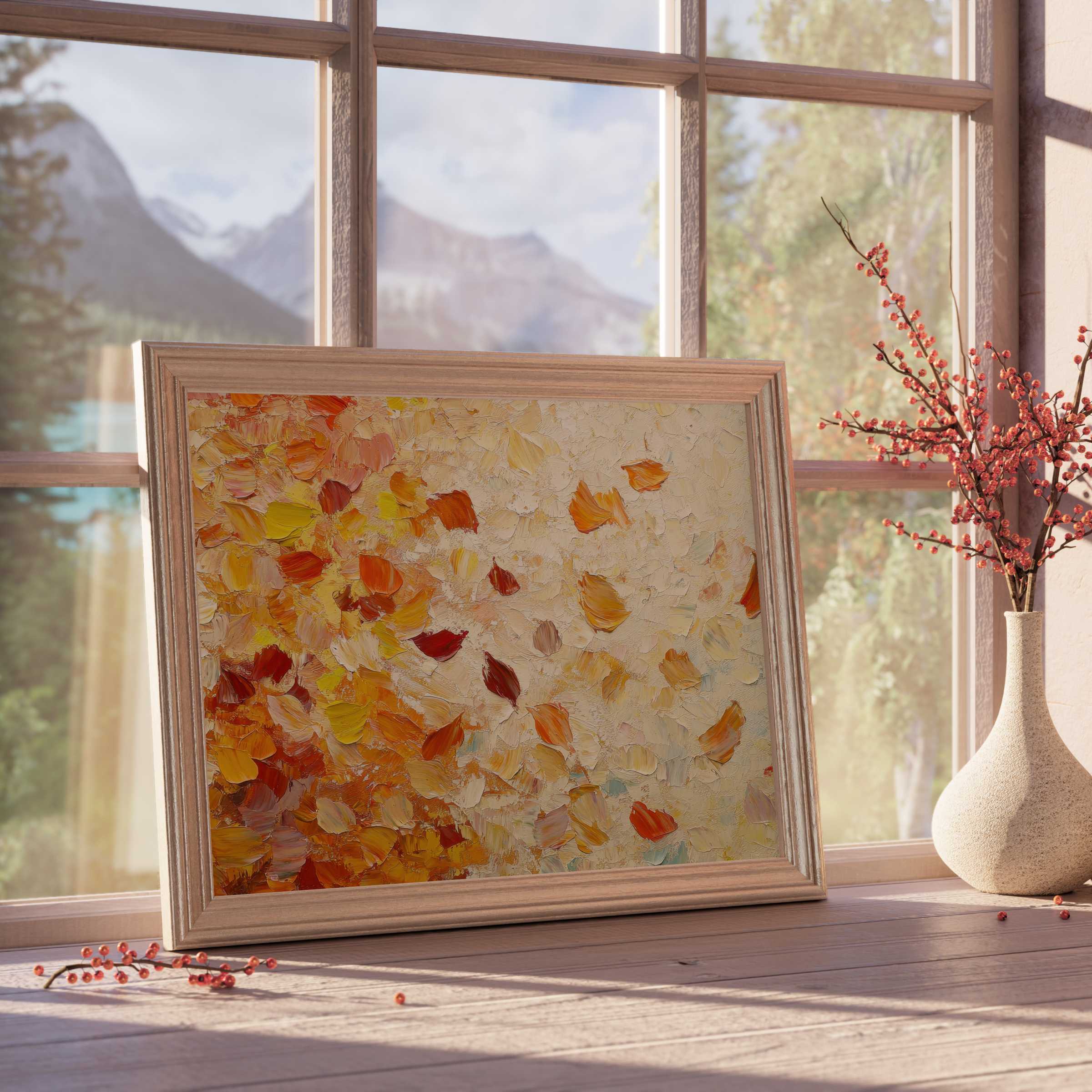 Botanical downloadable art featuring warm autumnal petals in textured brushstrokes, perfect for curated, tranquil interiors
