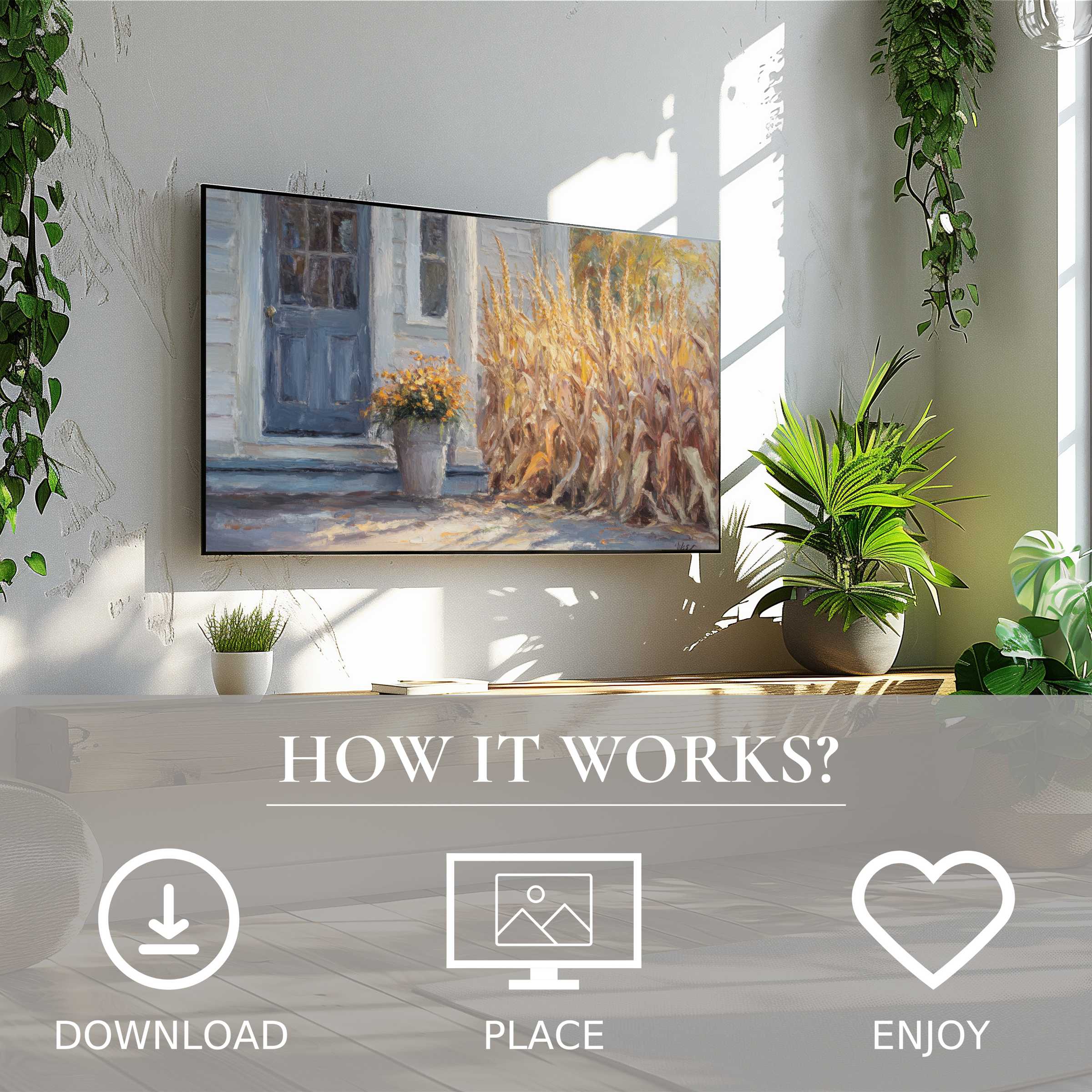 Farmhouse art for Samsung TV shows warm cornfield hues, easy digital download enriches modern living with cozy charm
