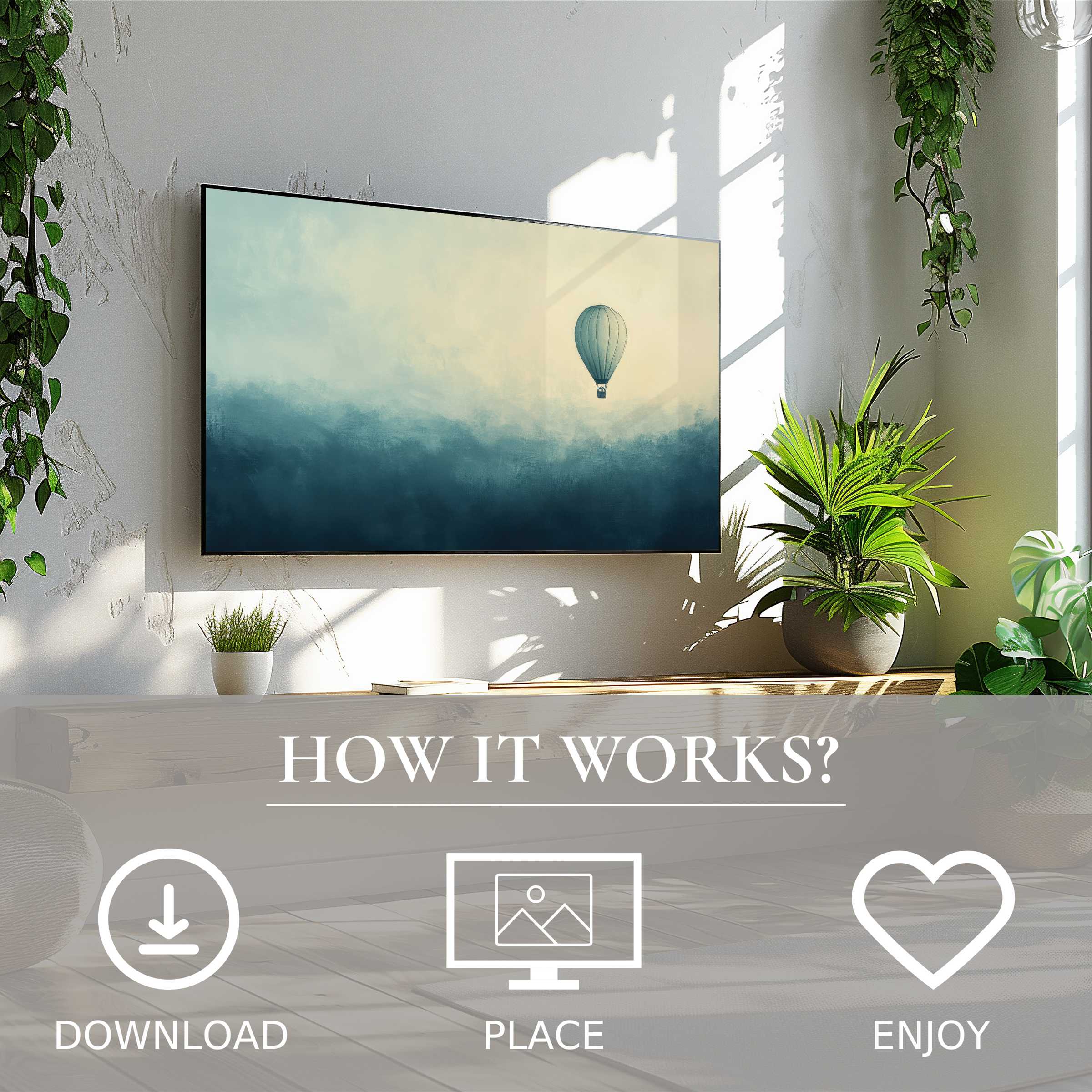 Minimalist art for Samsung TV with easy digital download, featuring soft blue gradient and hot air balloon motif