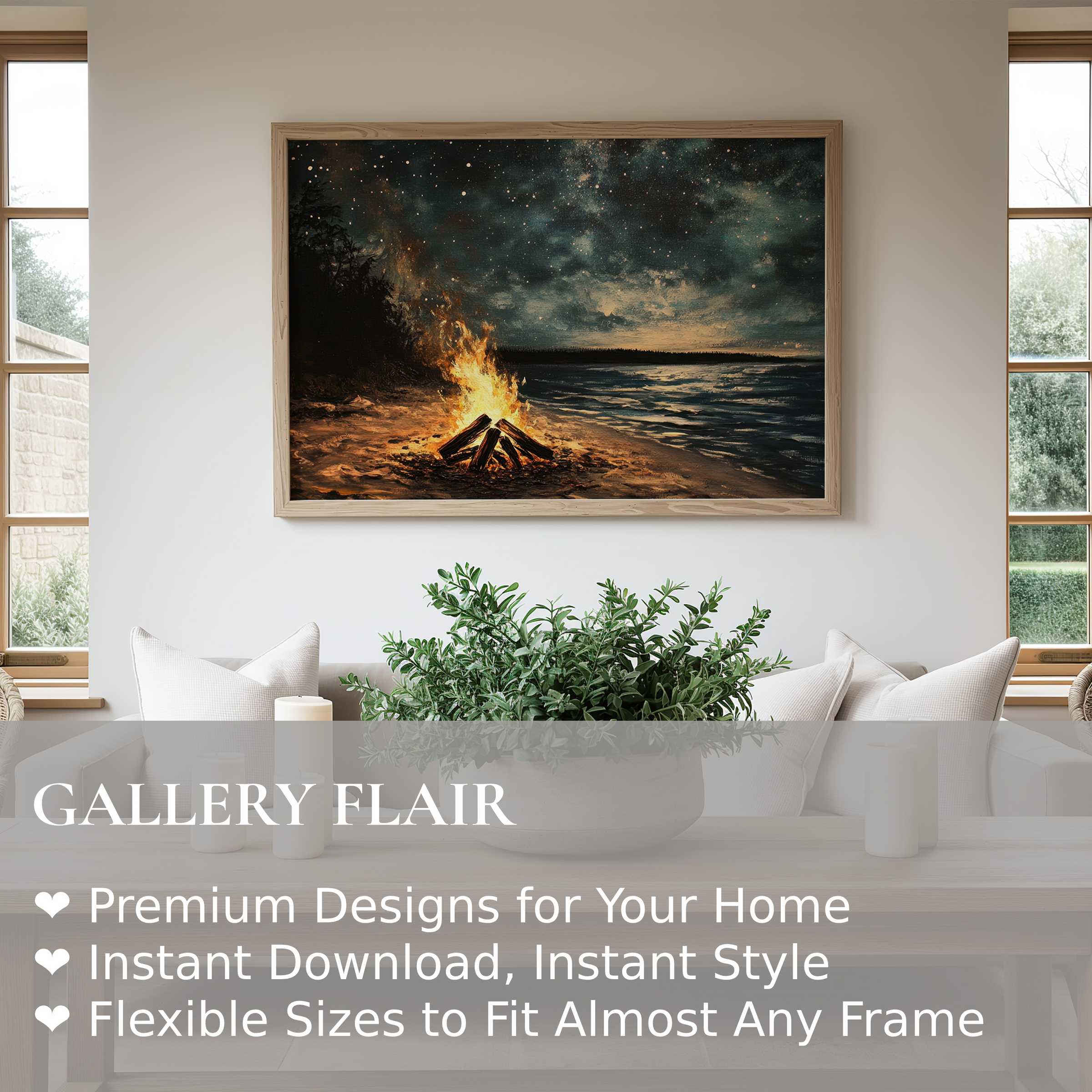 Beach wall art print depicting a radiant bonfire under a starry night sky, adding warm, calming ambiance to modern coastal decor