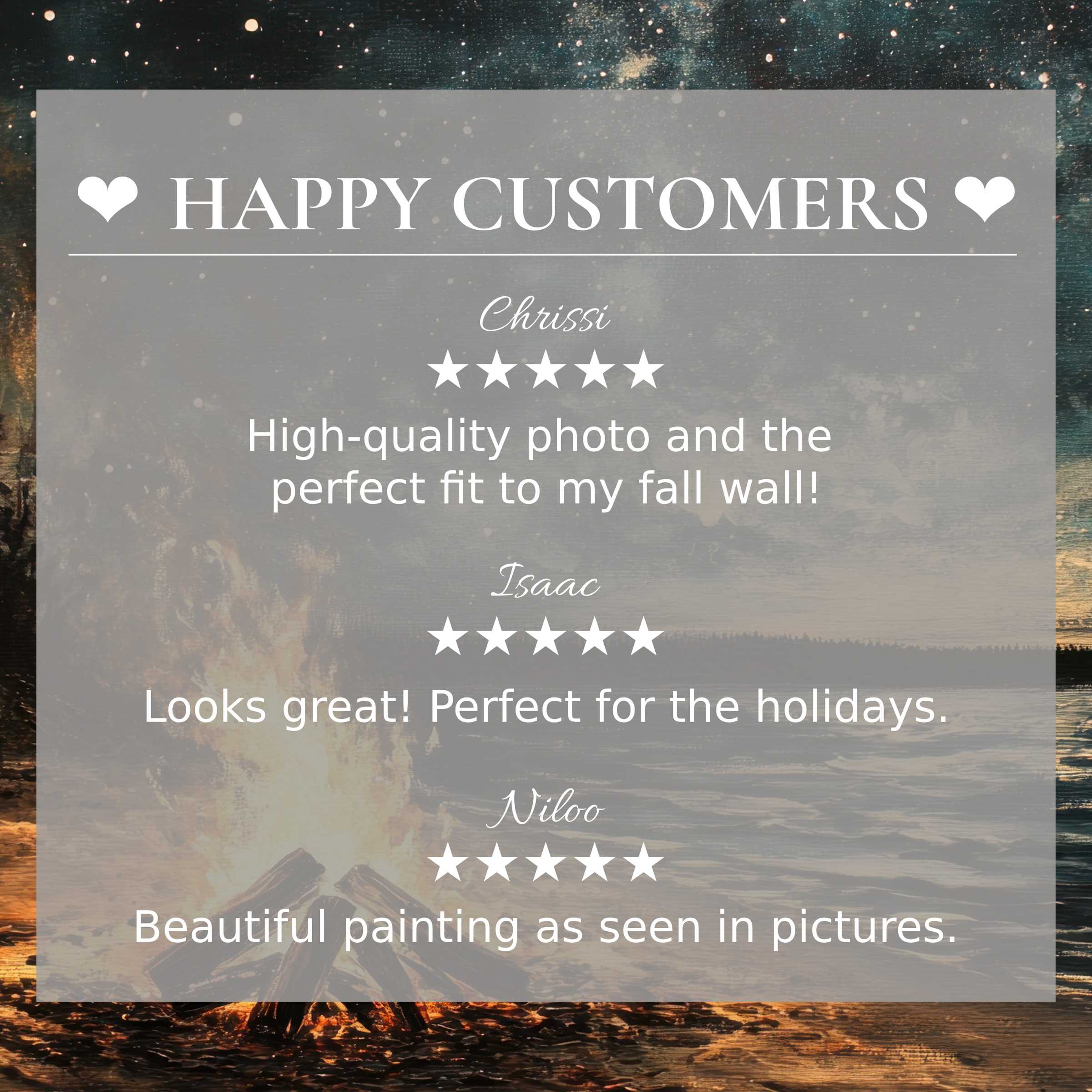 Beach art for Frame TV with abstract sunset colors, showcasing happy customer reviews and elegant trust-building design