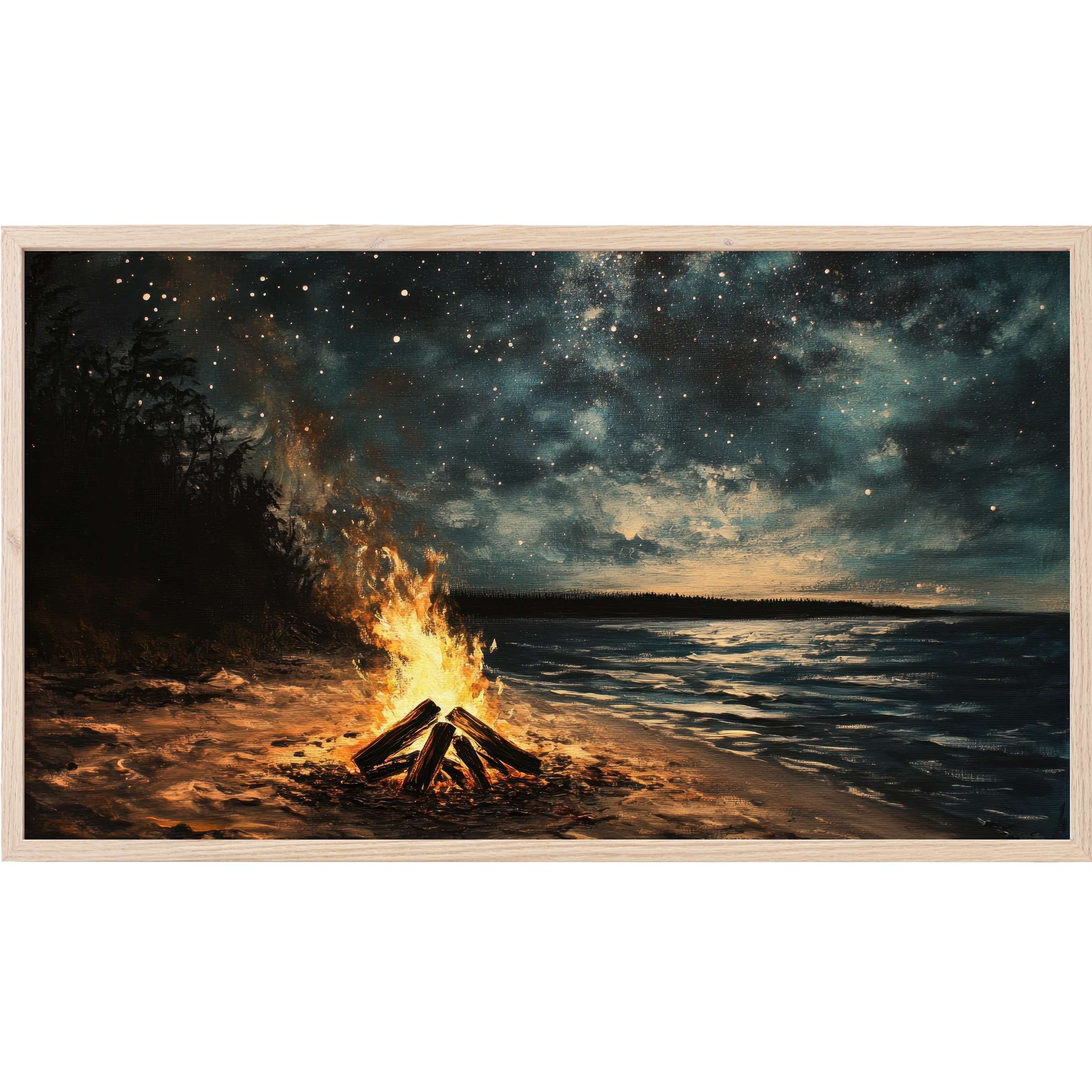 Beach bonfire under starry night sky with warm orange and deep blue tones, serene beach Frame TV Art