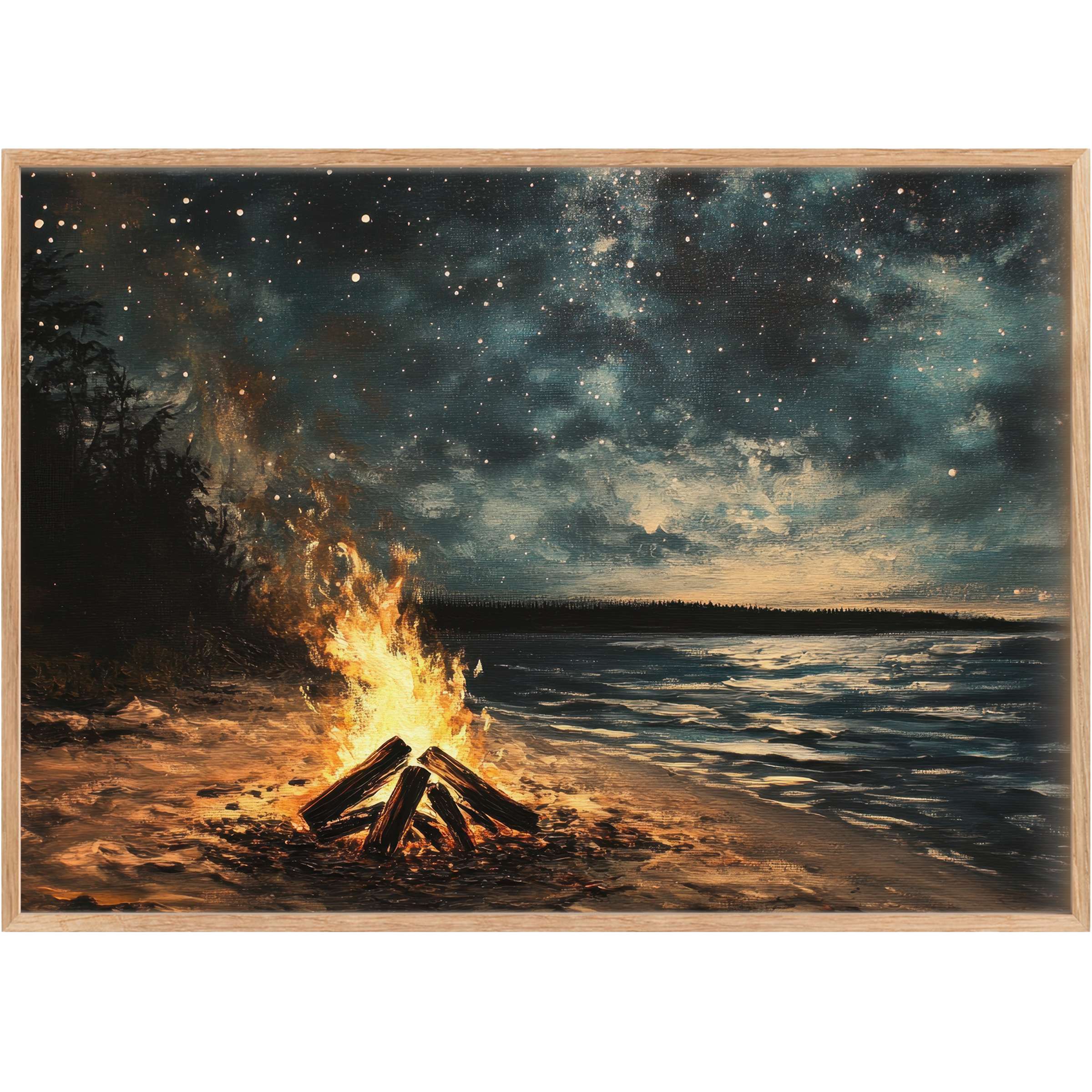 Star-lit night meets warm ember glow in this beach printable wall art, evoking serene, cozy elegance with deep blues and golden hues
