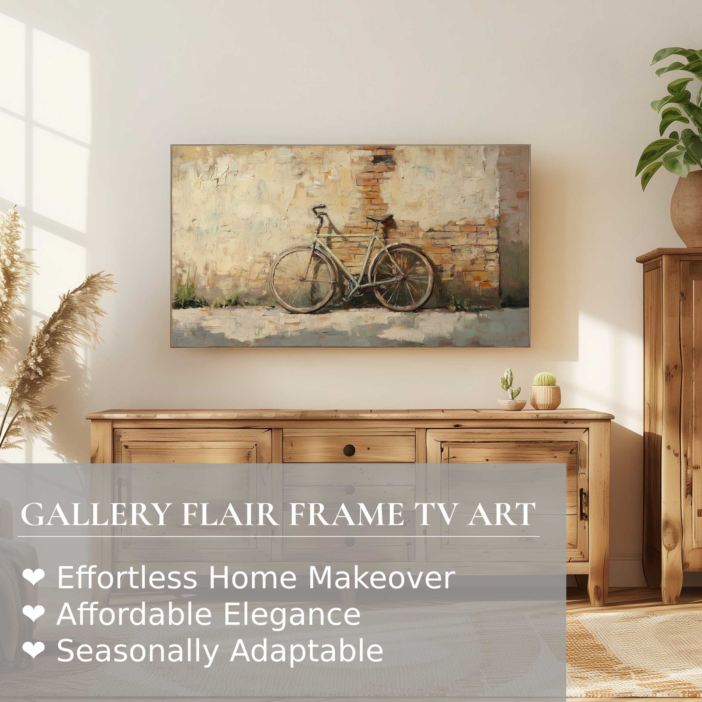 Samsung Frame TV displaying elegant urban digital artwork of a vintage bike against a textured wall in a modern setting