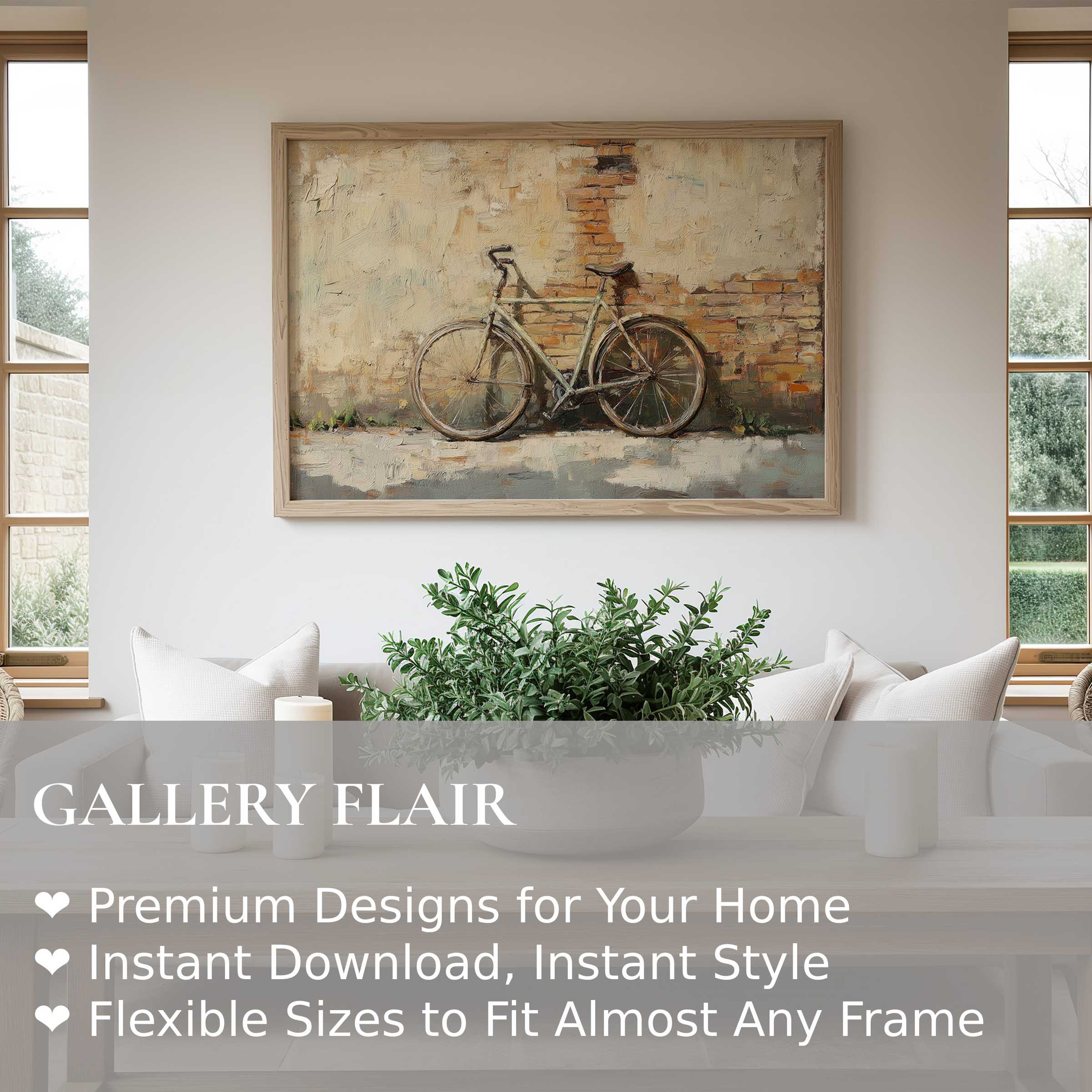 Urban art wall art print capturing a textured bicycle against a rustic brick wall, adding bold charm to modern minimalist interiors