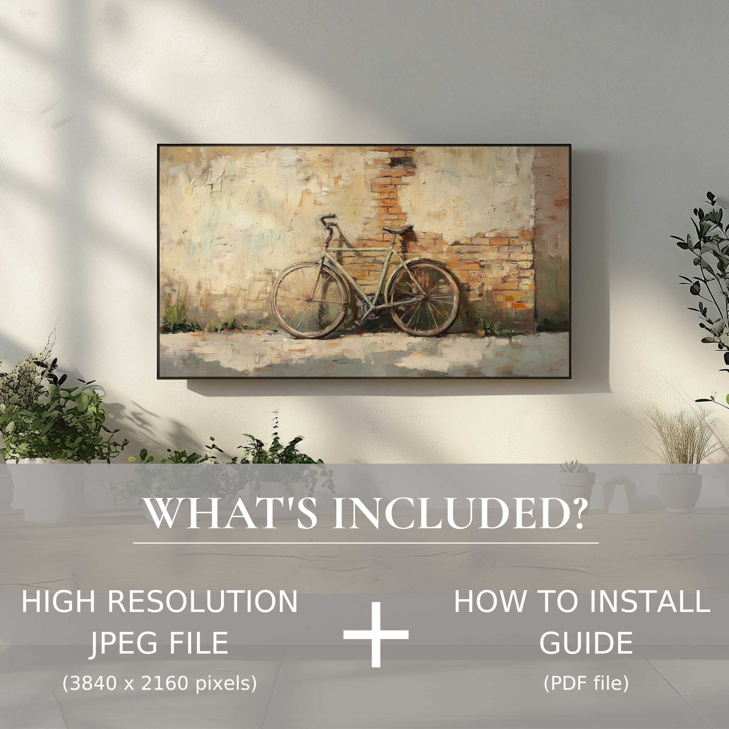 Elegant urban digital TV art download of bike by textured brick wall, enhancing living spaces with easy digital use