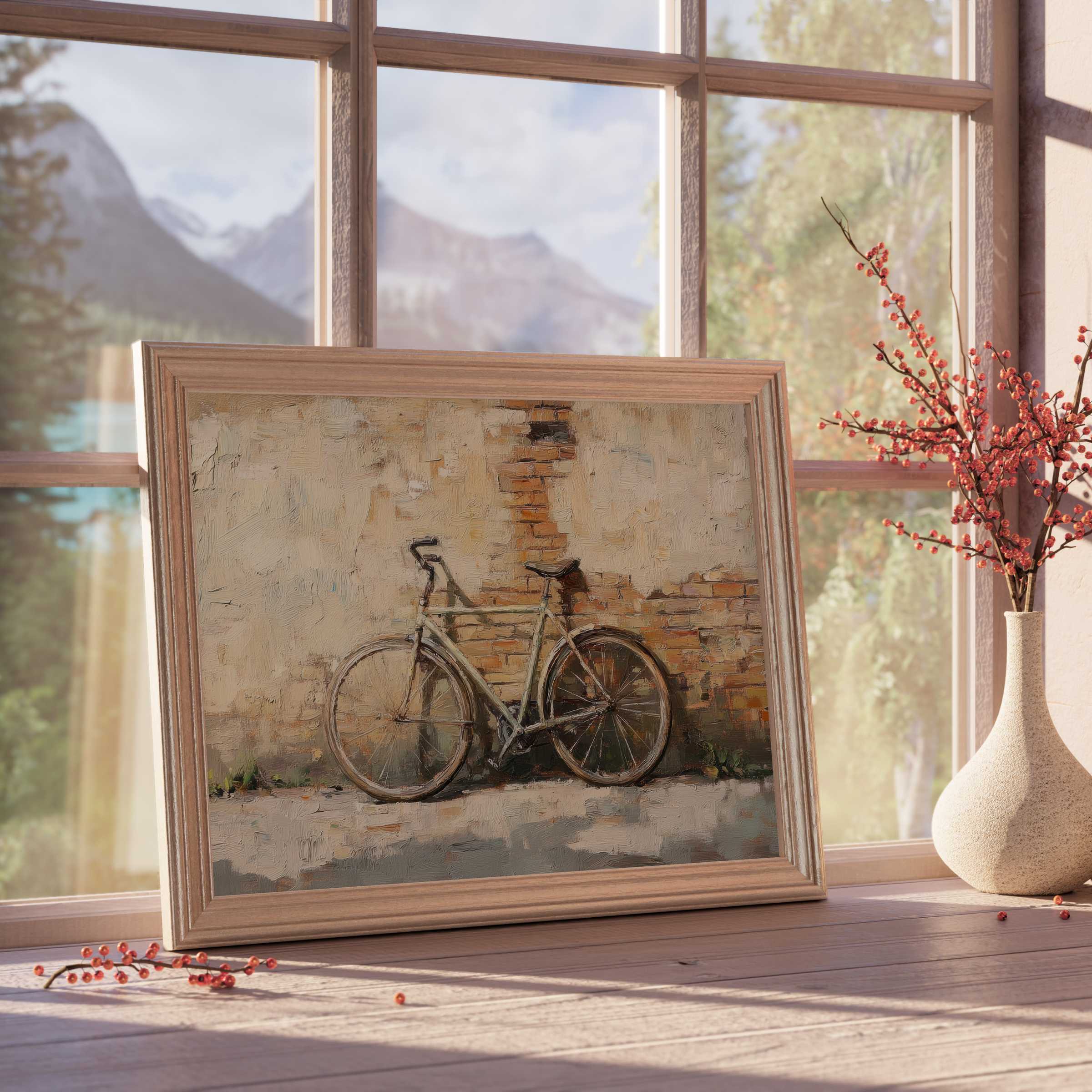 Urban downloadable art capturing a serene vintage bicycle against textured brick, infusing tranquil charm into curated modern interiors