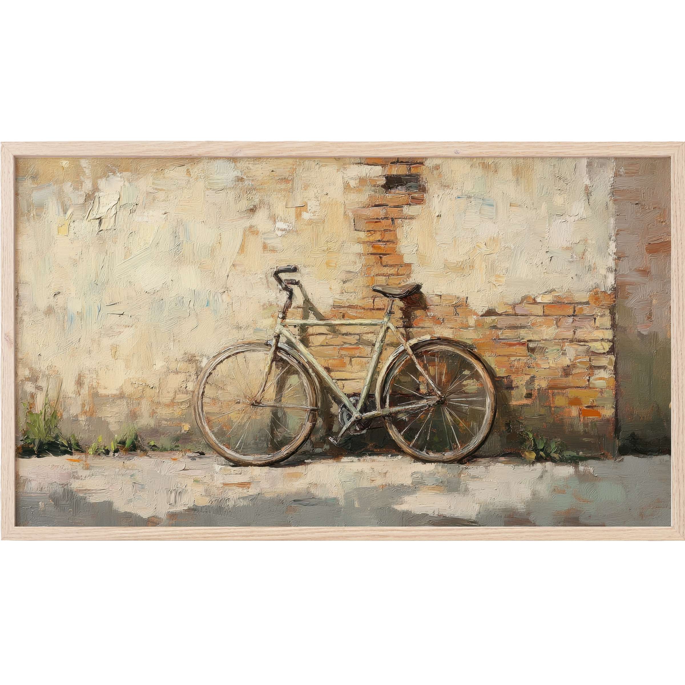 Urban Frame TV Art: textured oil painting of weathered bicycle against rustic beige and brick wall in soft, earthy tones