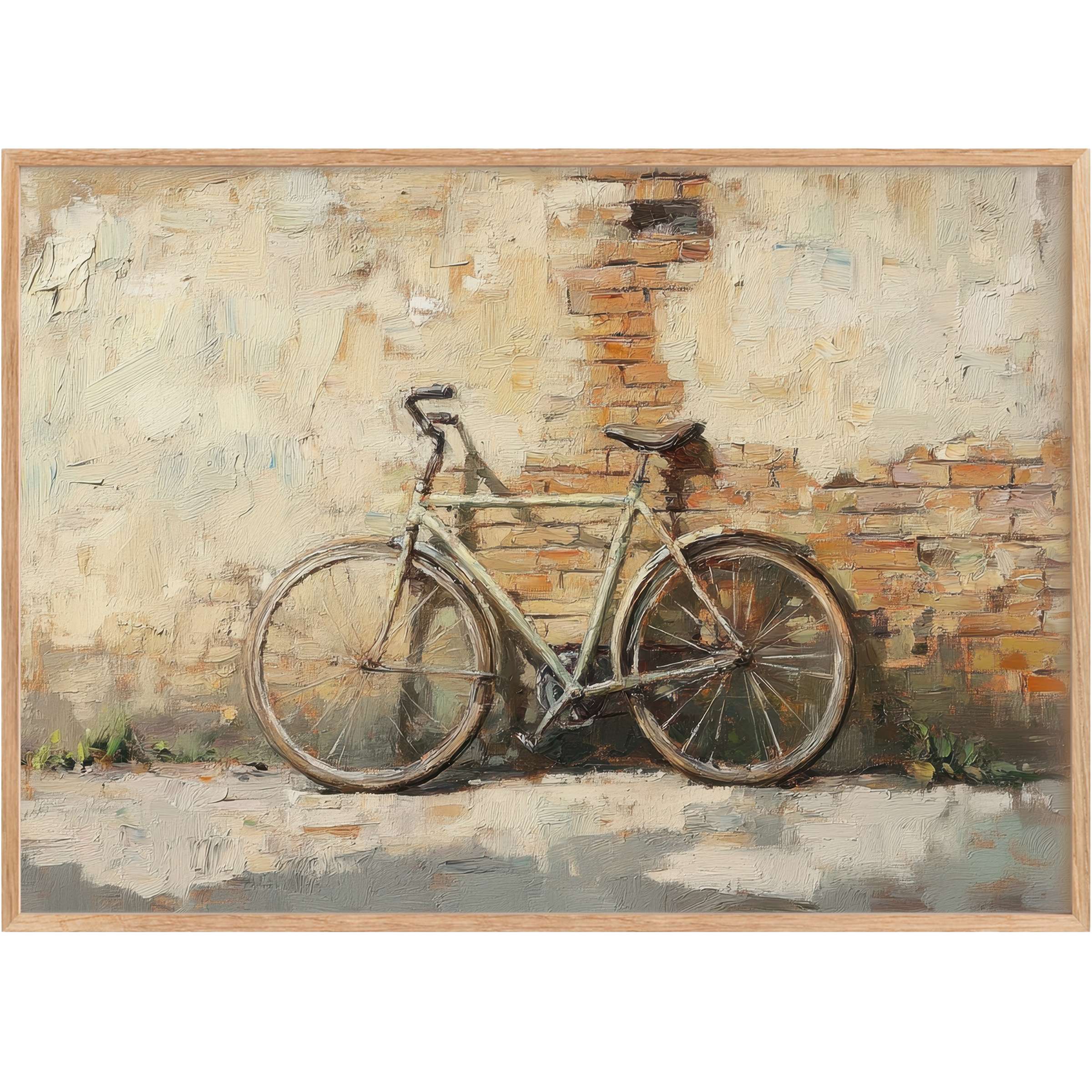 Urban printable wall art capturing a vintage bicycle against a sunlit, textured brick wall, evoking warm, nostalgic charm