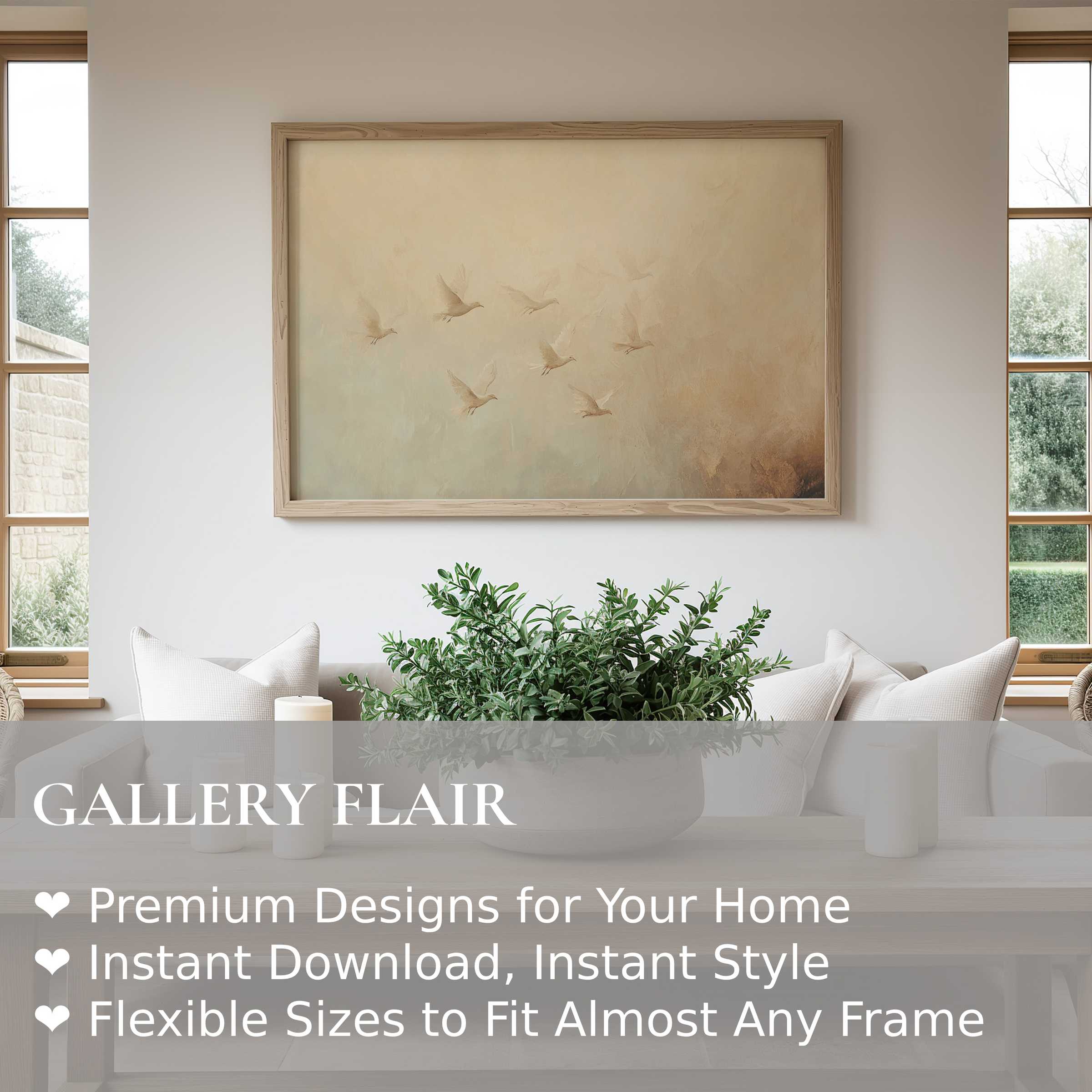 Vintage wall art print of soft, radiant birds in flight elevates serene, modern minimalism with timeless elegance and calming natural hues