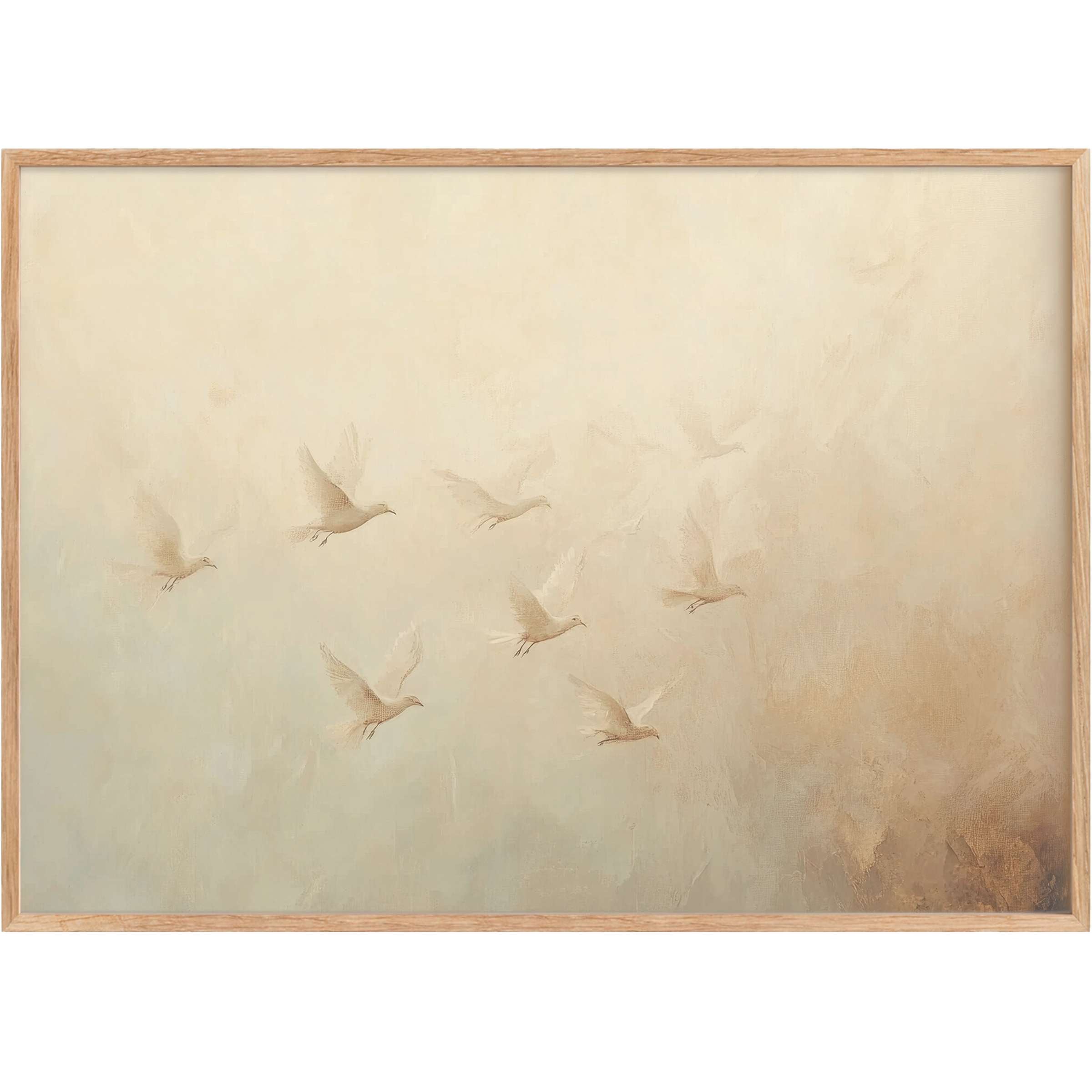 Elegant vintage printable wall art featuring soft beige and cream tones with serene birds in flight, evoking calm sophistication