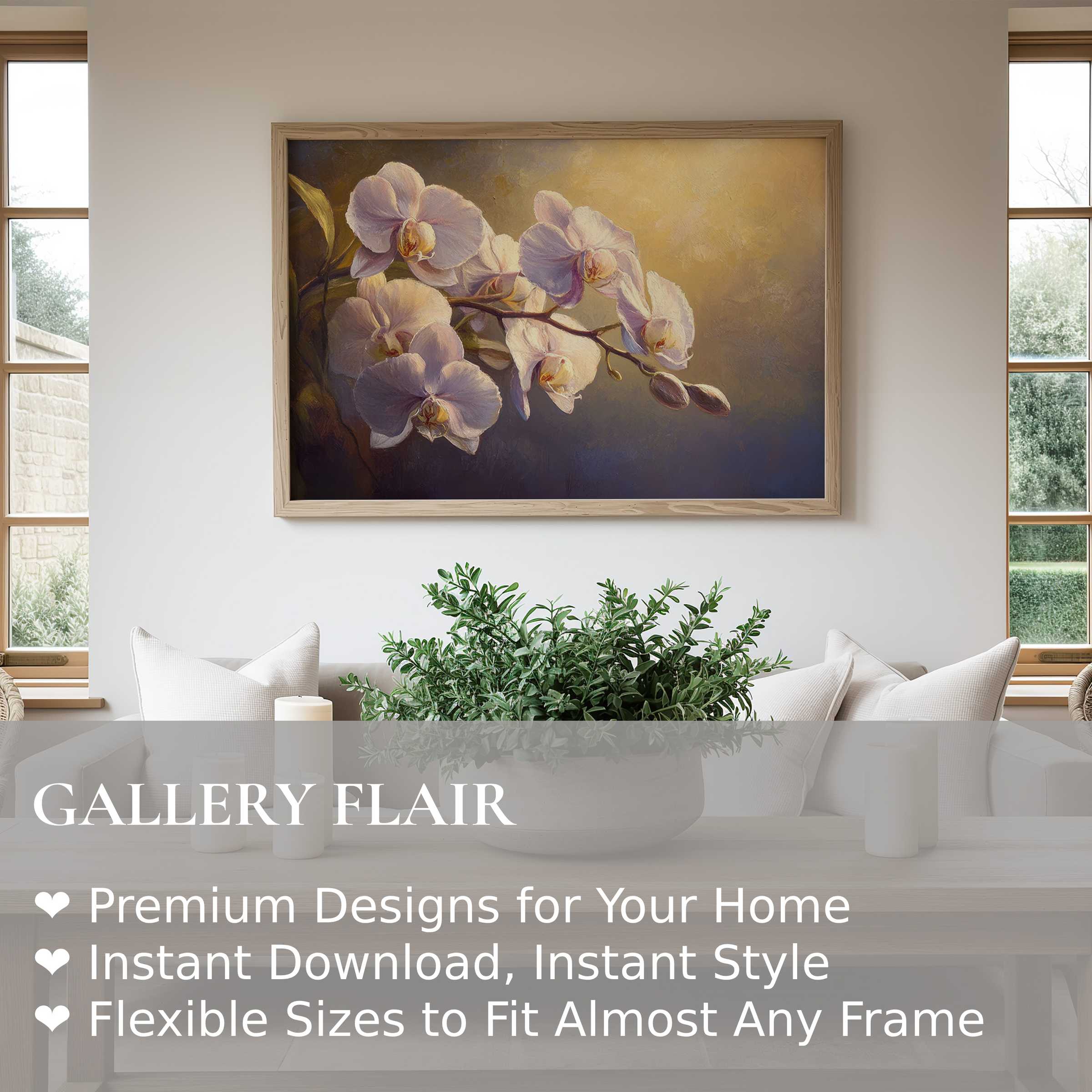 Floral wall art print of delicate orchids with soft light, enriching a serene modern living space with timeless elegance and calm